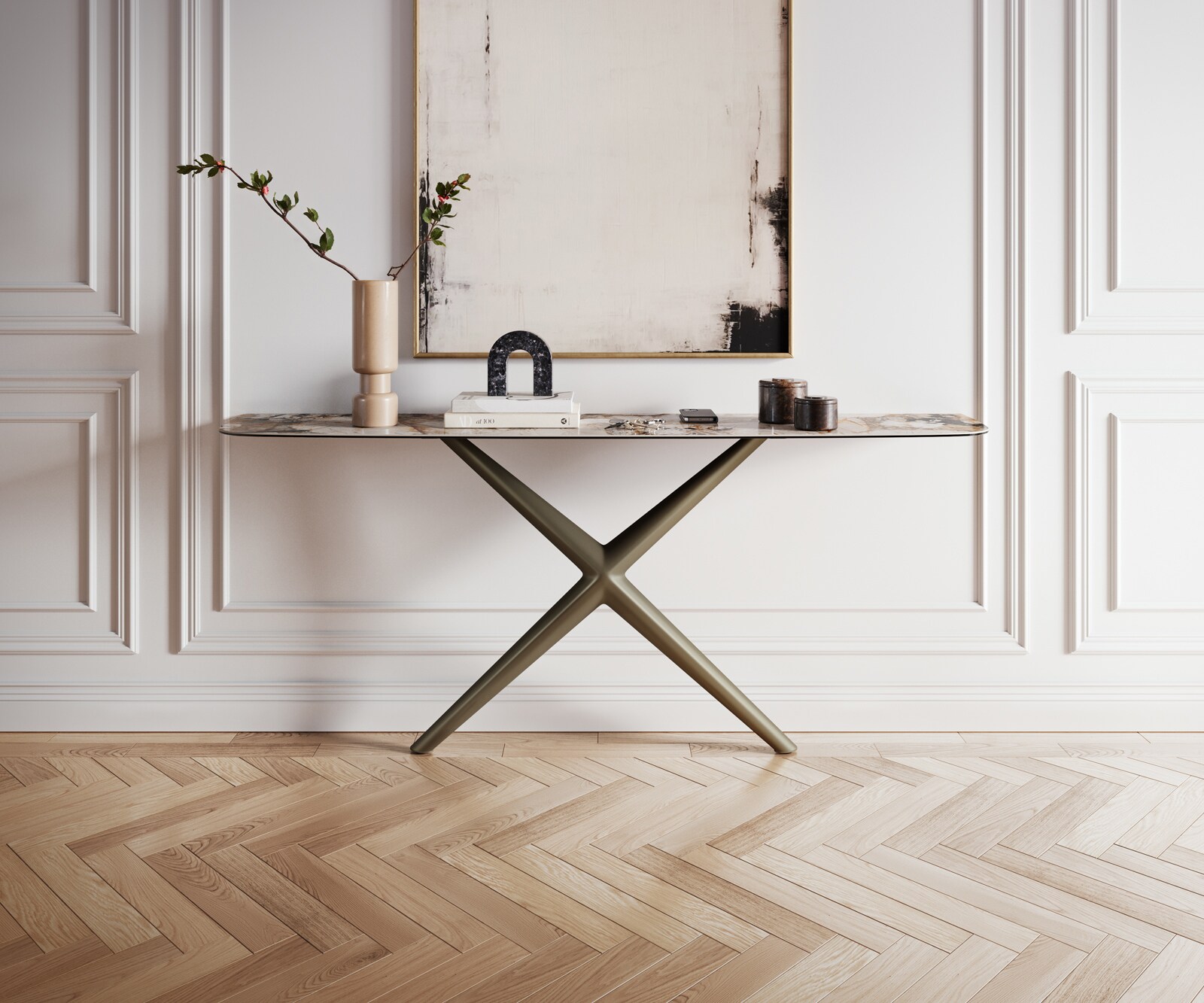 Console Edge forme bateau 180x40 cm Céramique Patagonia Poliert Estelo Métal Effektfinish Titan 1
