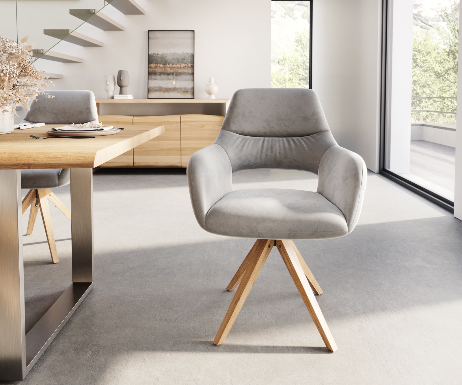 Chaise-de-salle-à-manger Yago-Flex avec accoudoirs velours gris pied en bois angulaire naturel ressorts ensachés 1 Chaise-de-salle-à-manger Yago-Flex avec accoudoirs velours gris pied en bois angulaire naturel ressorts ensachés 1