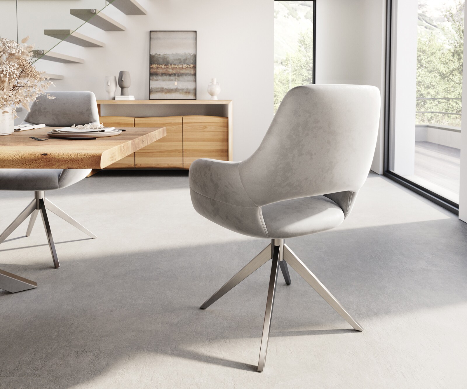 Chaise-de-salle-à-manger Yago-Flex avec accoudoirs velours gris pied croisé large acier inoxydable brossé ressorts ensachés 4 Chaise-de-salle-à-manger Yago-Flex avec accoudoirs velours gris pied croisé large acier inoxydable brossé ressorts ensachés 4