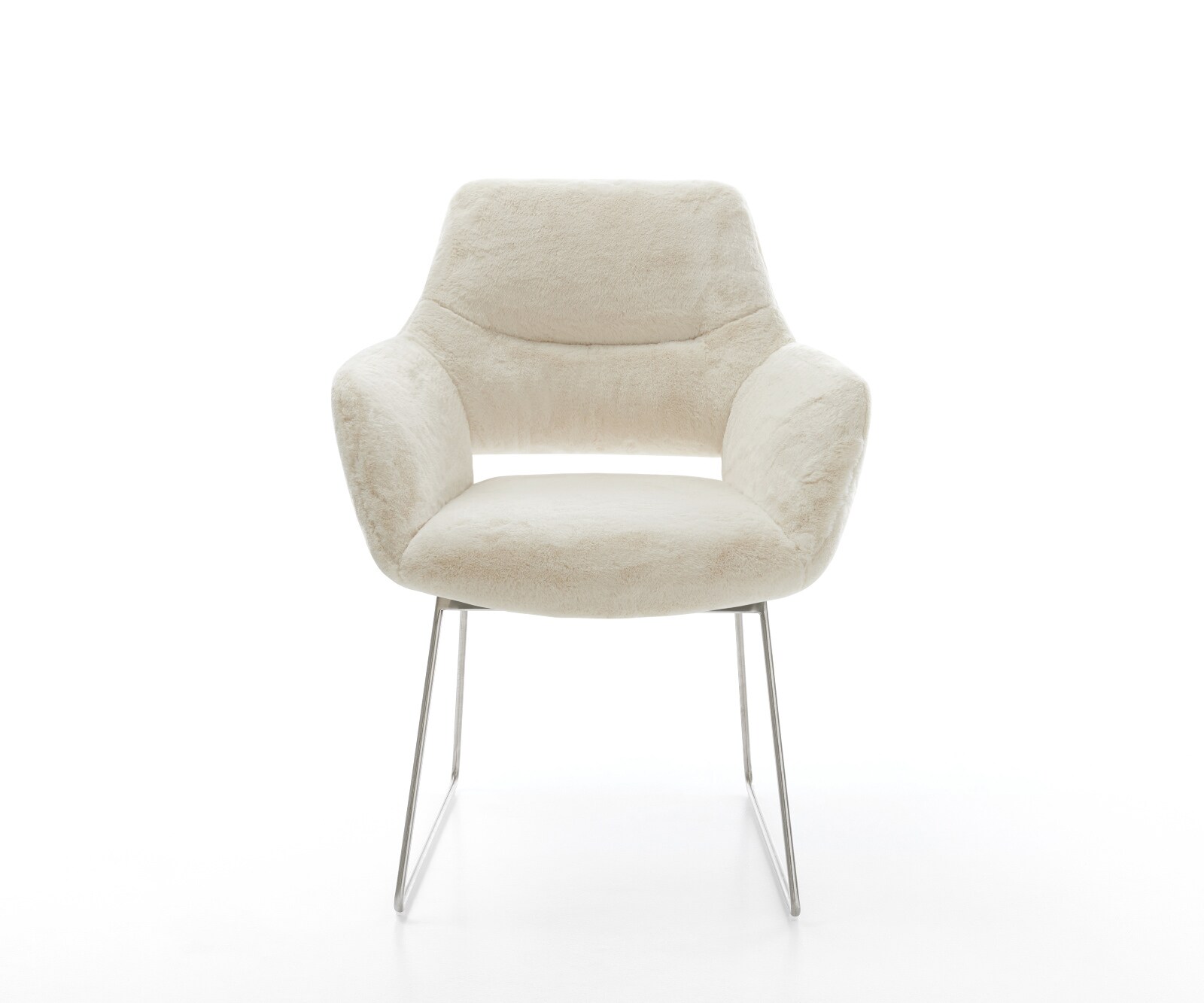 Chaise-de-salle-à-manger Yago-Flex avec accoudoirs peluche crème-blanc pied trapèze acier inoxydable resorts ensachés 2