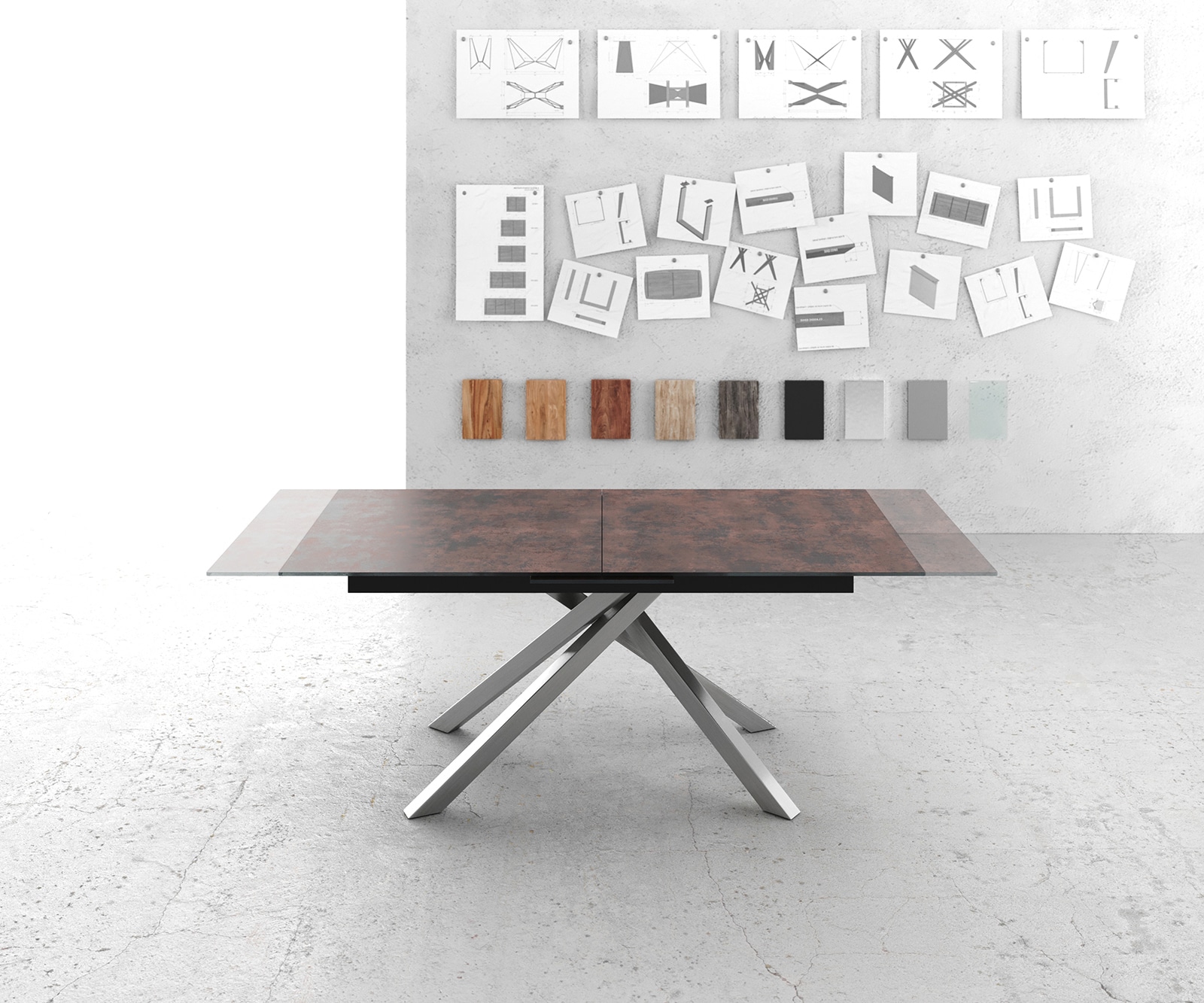 Table-à-manger Edge 180-220x90cm verre Antique-marron pieds milieu croisé argent 5 Table-à-manger Edge 180-220x90cm verre Antique-marron pieds milieu croisé argent 5