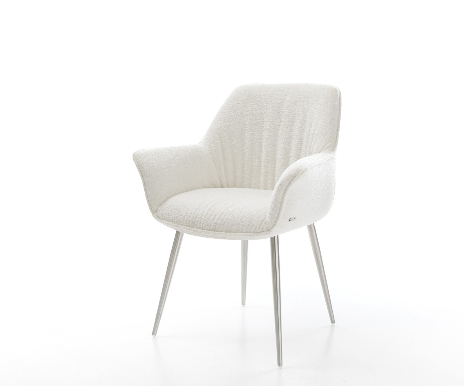 Chaise-de-salle-à-manger Keila-Flex avec accoudoirs bouclé doux beige 4 pieds coniques acier inoxydable