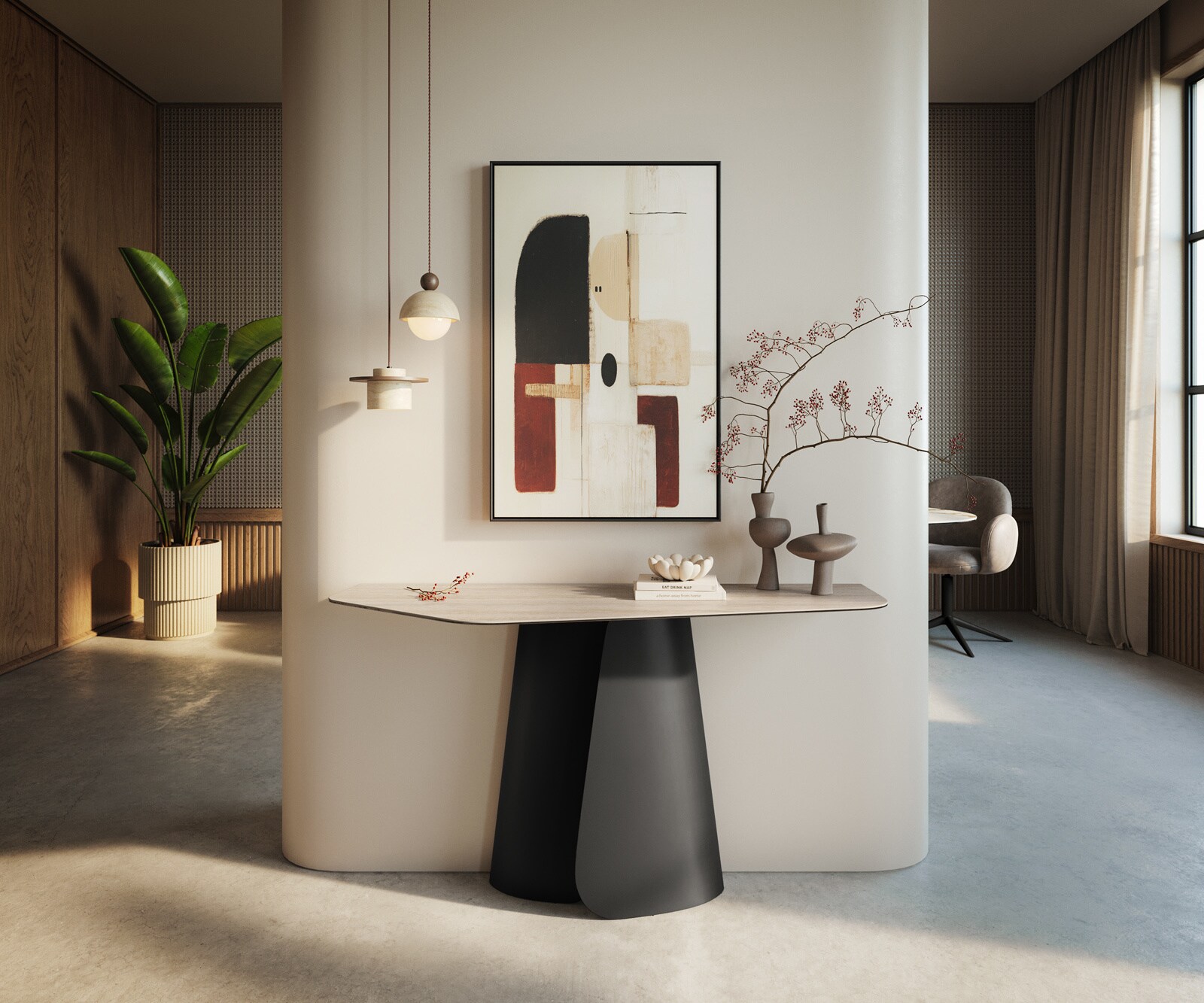 Console Edge Polygonal 140x50 cm Céramique Laminam® Travertino Bianco Creme-Weiß Livos Métal Noir 3