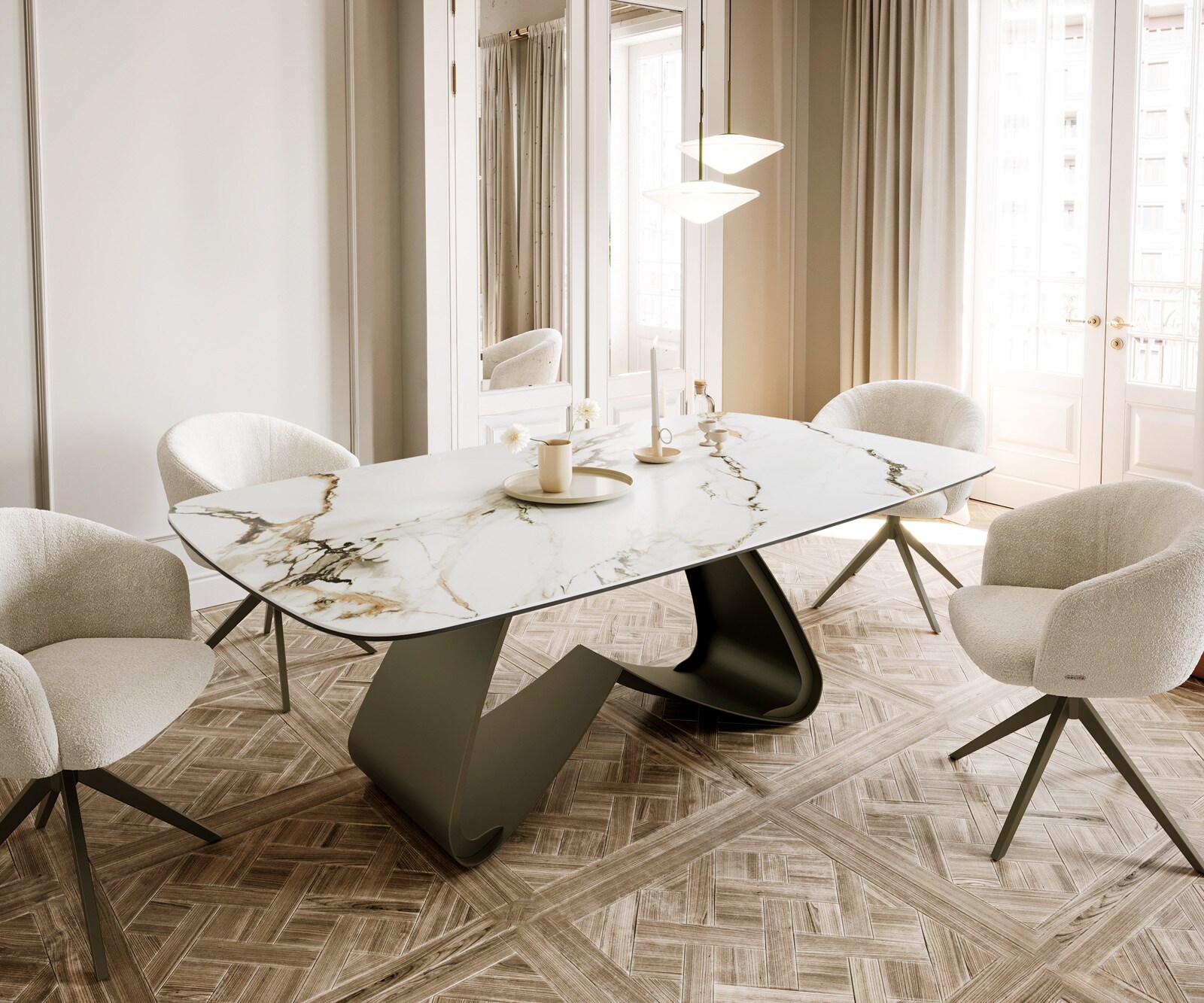 Table à manger Edge Boot 200x100 céramique Calacatta Luxe blanc-doré-gris cadre en W métal effet finition titanee