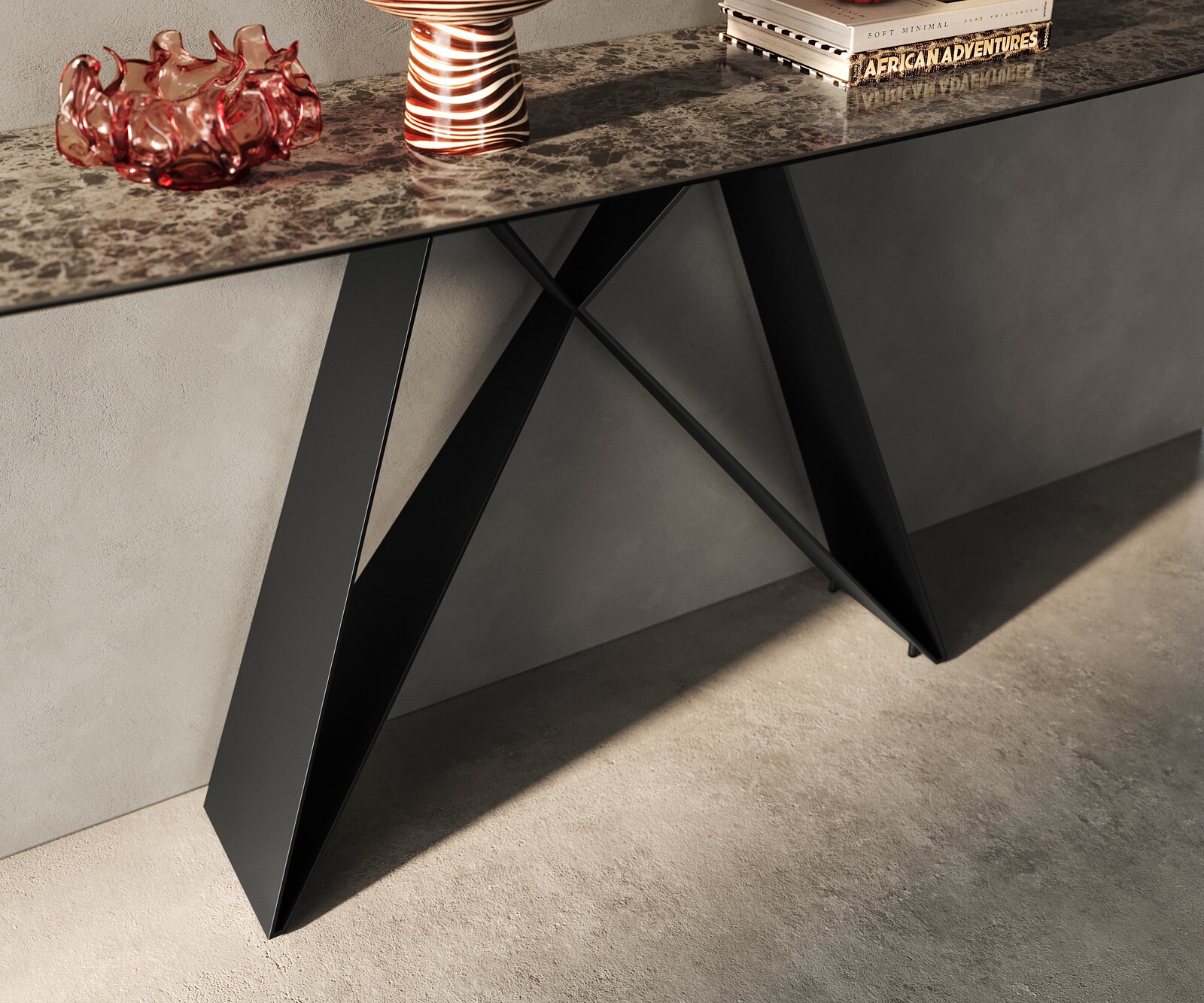 Console Edge forme bateau 180x40 cm Céramique Emperador Extra Lucidato Dunkelbraun Velio Métal Noir 6