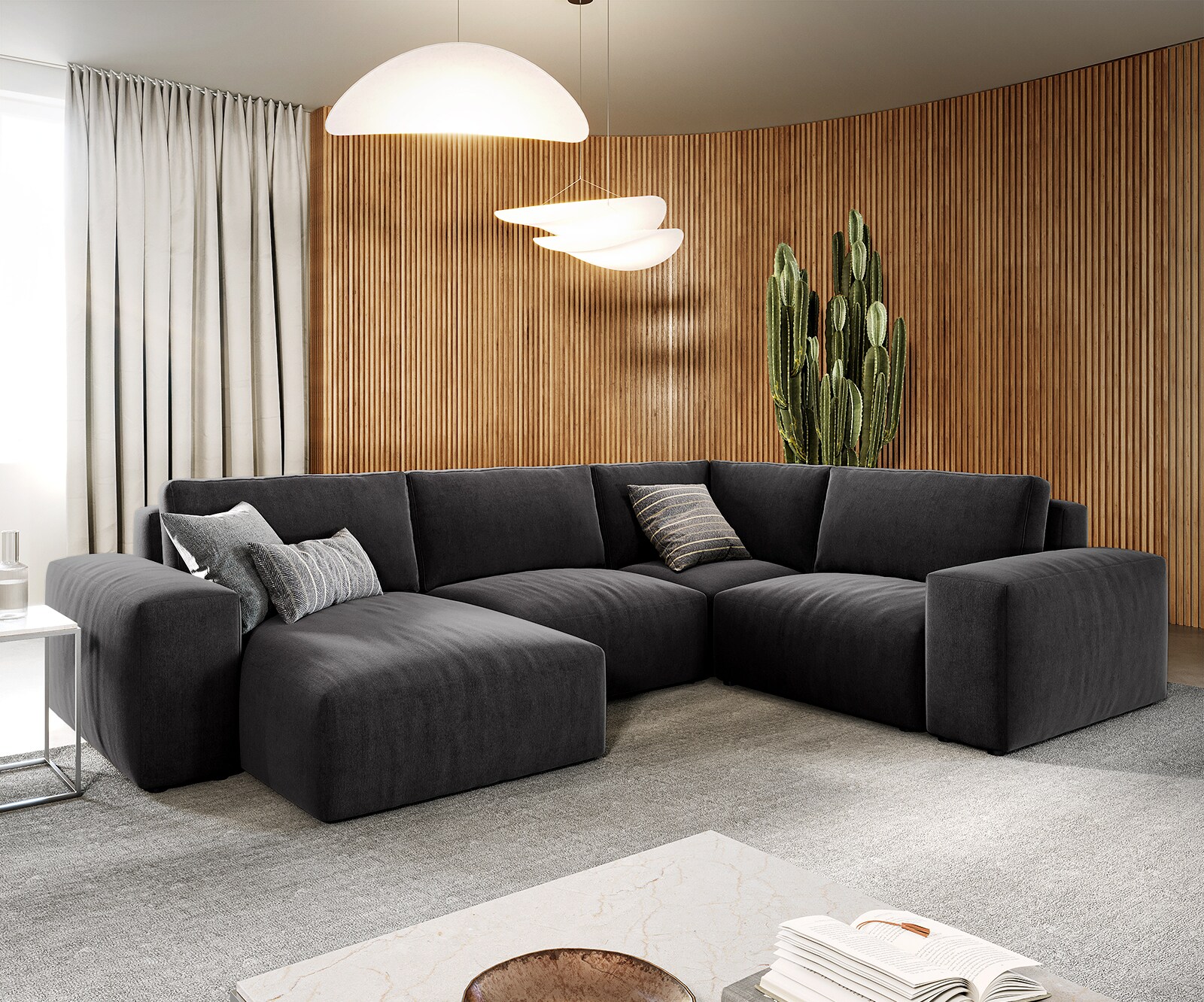 Grand canapé d’angle Lanzo 300x210 cm microfibre noir méridienne réversible