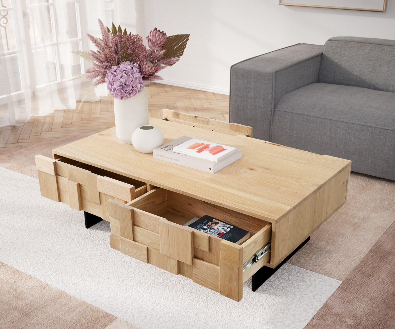 Table-basse Puzzle 120 cm 4 tiroirs chêne naturel pied flottant métal noir 3
