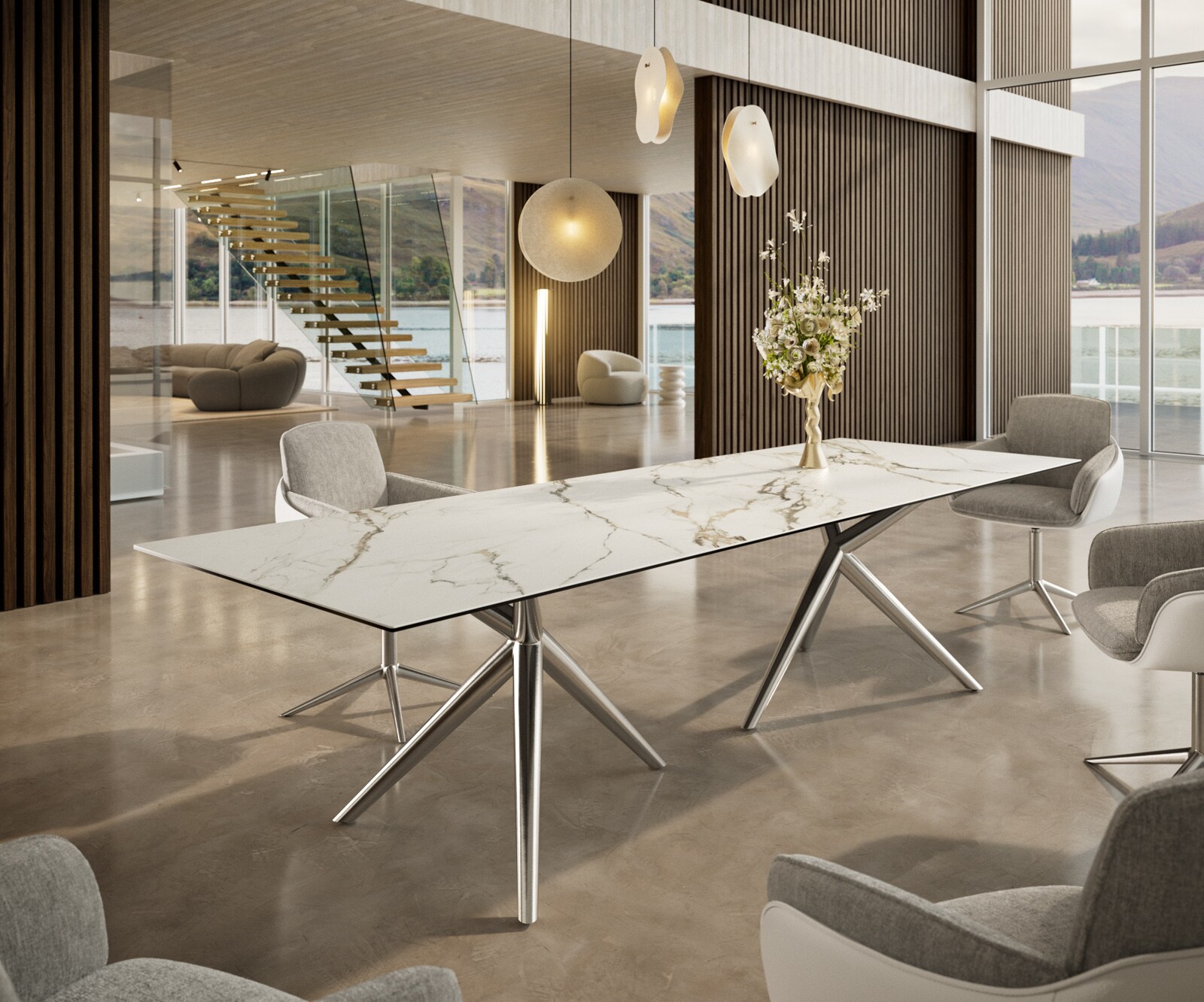Table à manger Edge 300x100 Céramique Calacatta Luxe Blanc-Doré-Gris Estelar rond Acier inoxydable 1