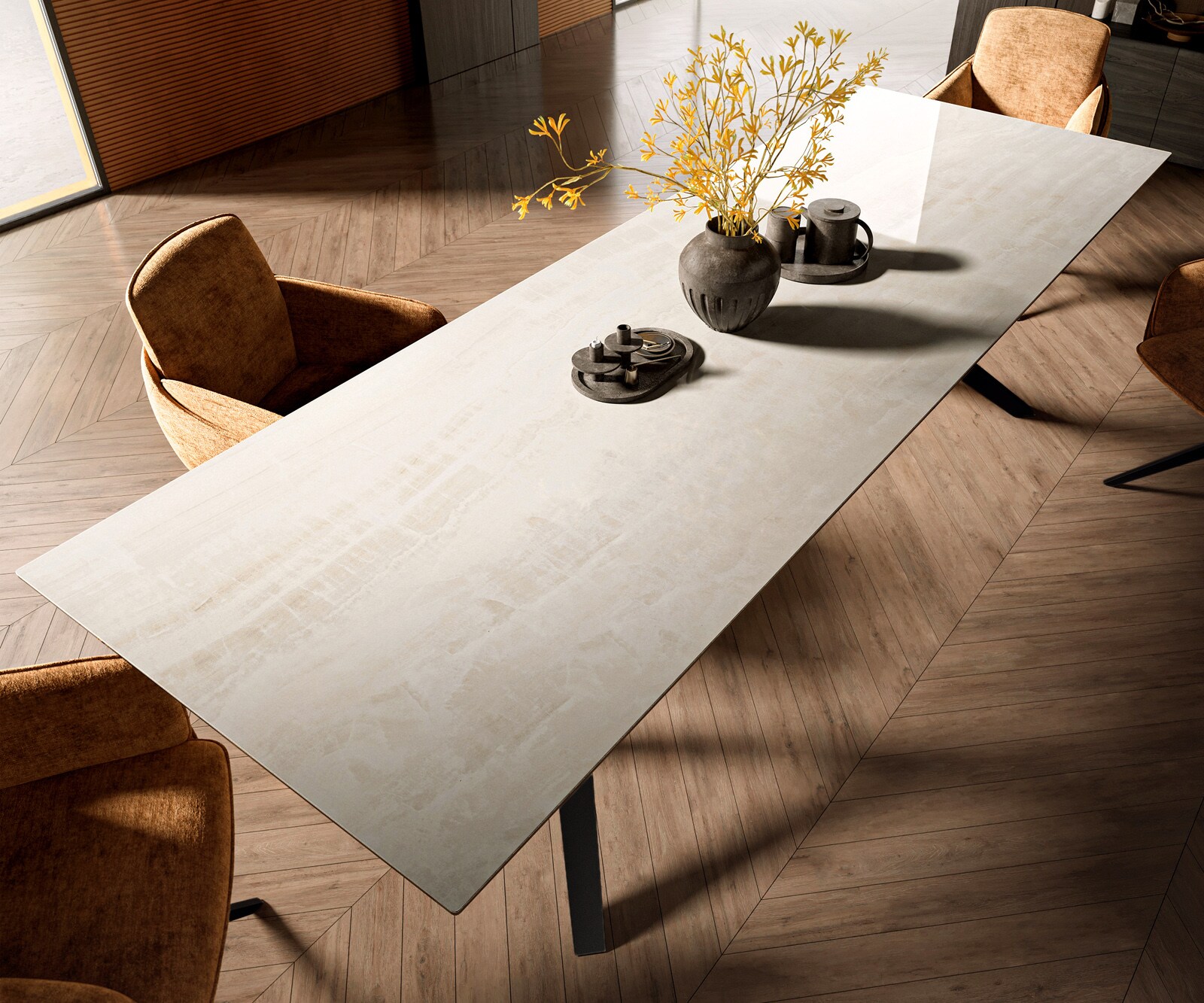 Table à manger Edge 300x100 cm céramique Onyx Champagne Zenthara angulaire métal noir 4