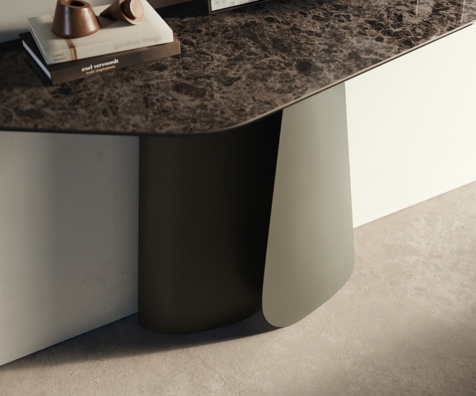 Console Edge Polygonal 140x50 cm Céramique Emperador Extra Lucidato Dunkelbraun Livos Métal Effektfinish Titan 5