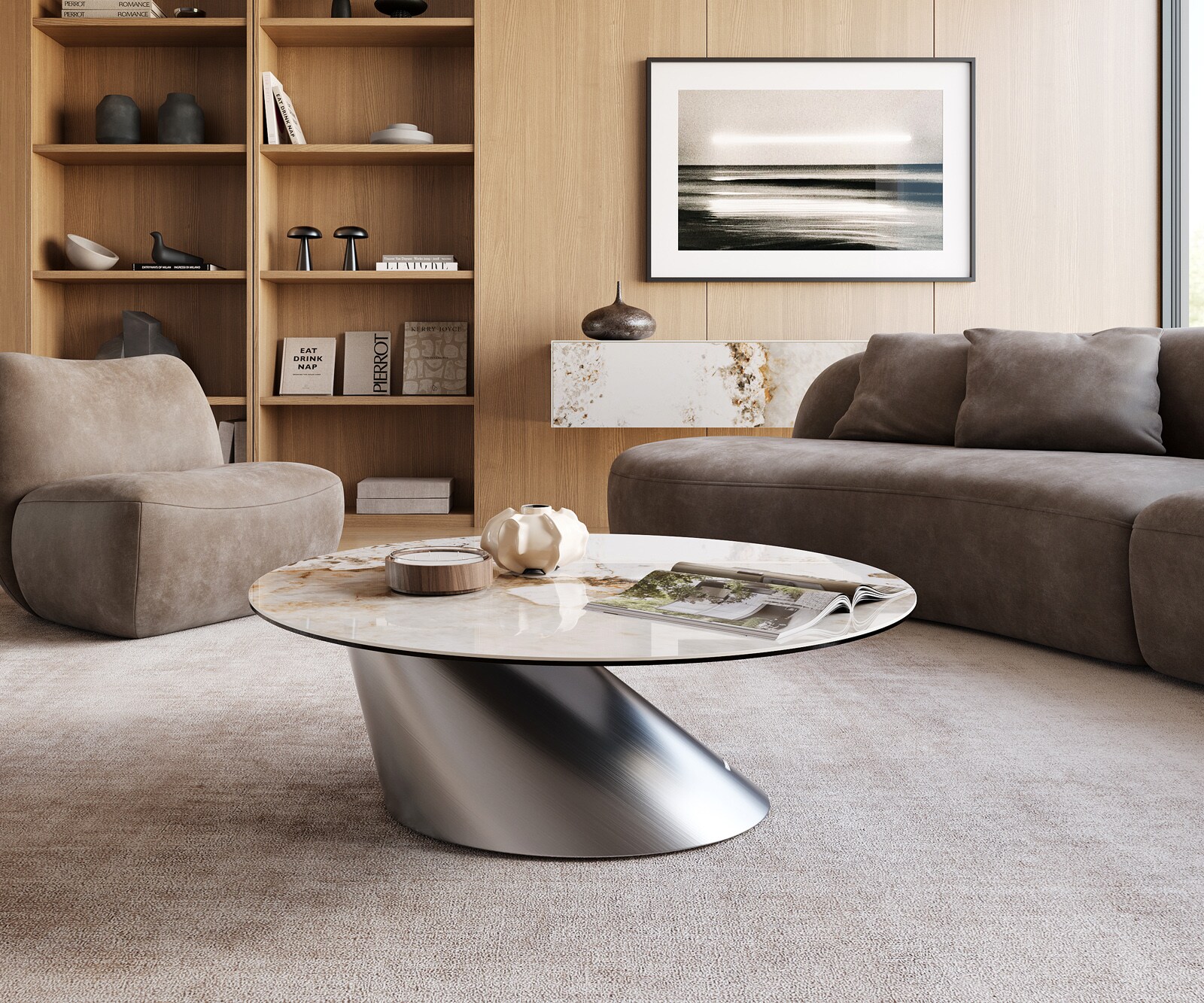 Table basse Edge rond 100x100 cm céramique Minas Melange Conis acier inoxydable brossé 2