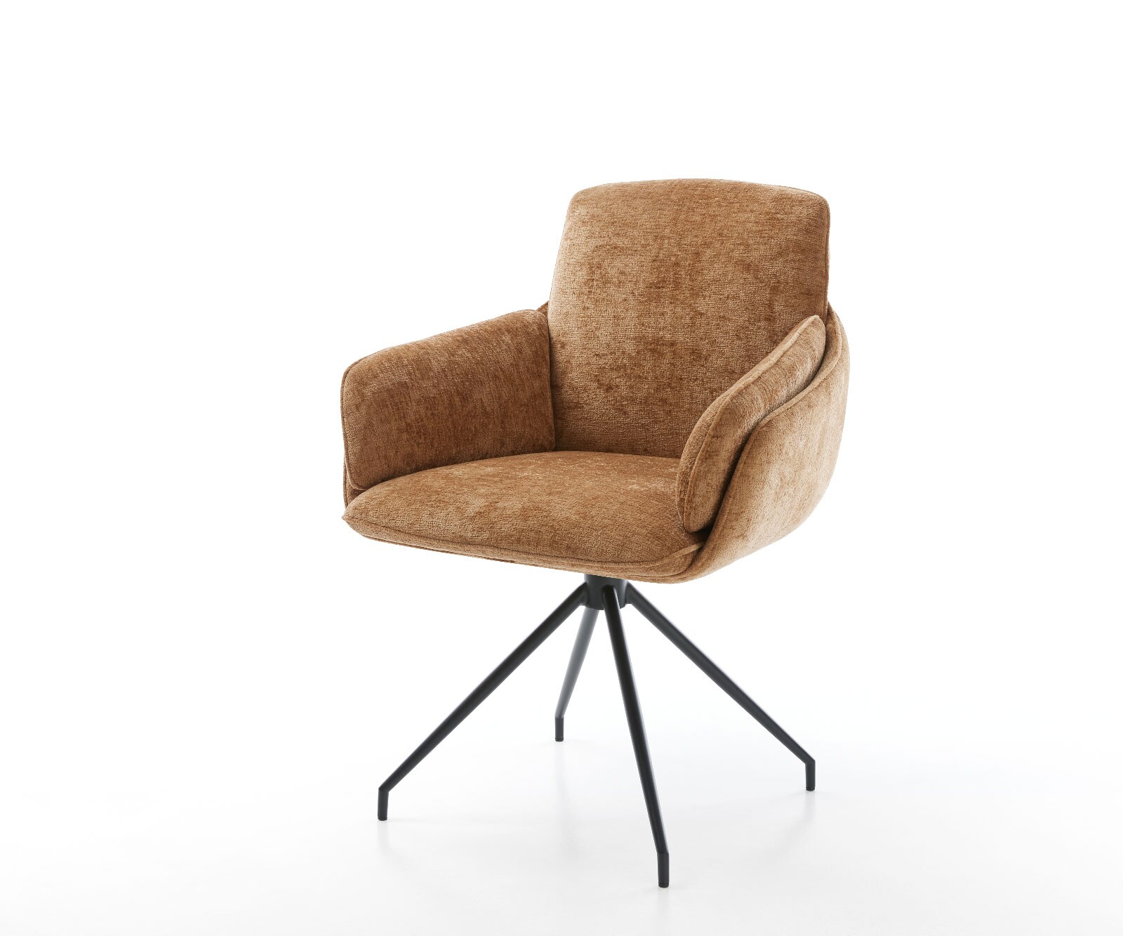 Chaise-pivotante Luan-Flex avec accoudoirs chenille rouille pied croisé conique noir pivotement sur 180°