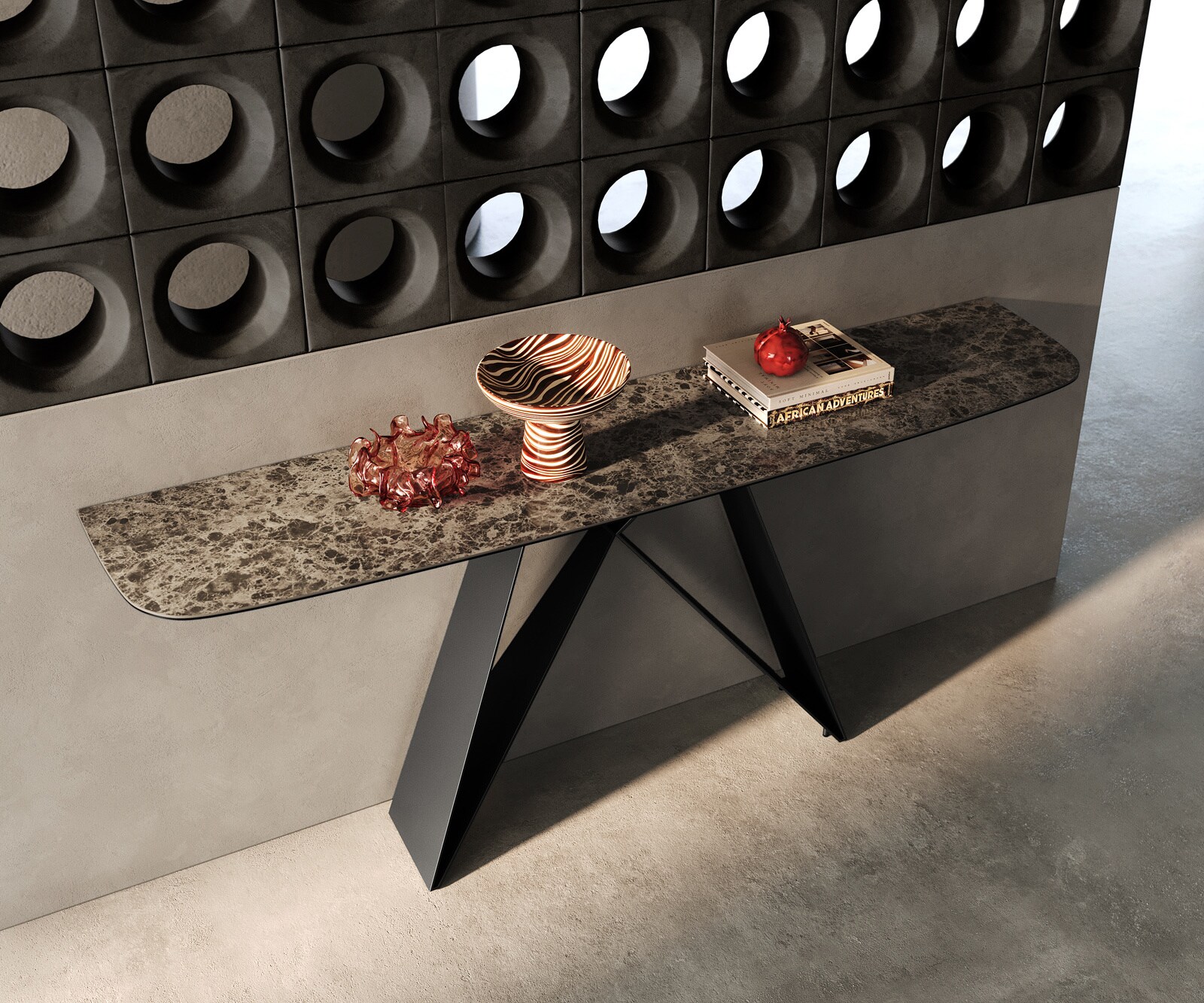 Console Edge forme bateau 180x40 cm Céramique Emperador Extra Lucidato Dunkelbraun Velio Métal Noir 2