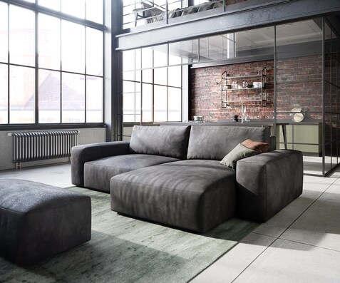 Canapé d’angle Lanzo 230x155 cm similicuir vintage anthracite méridienne réversible avec pouf