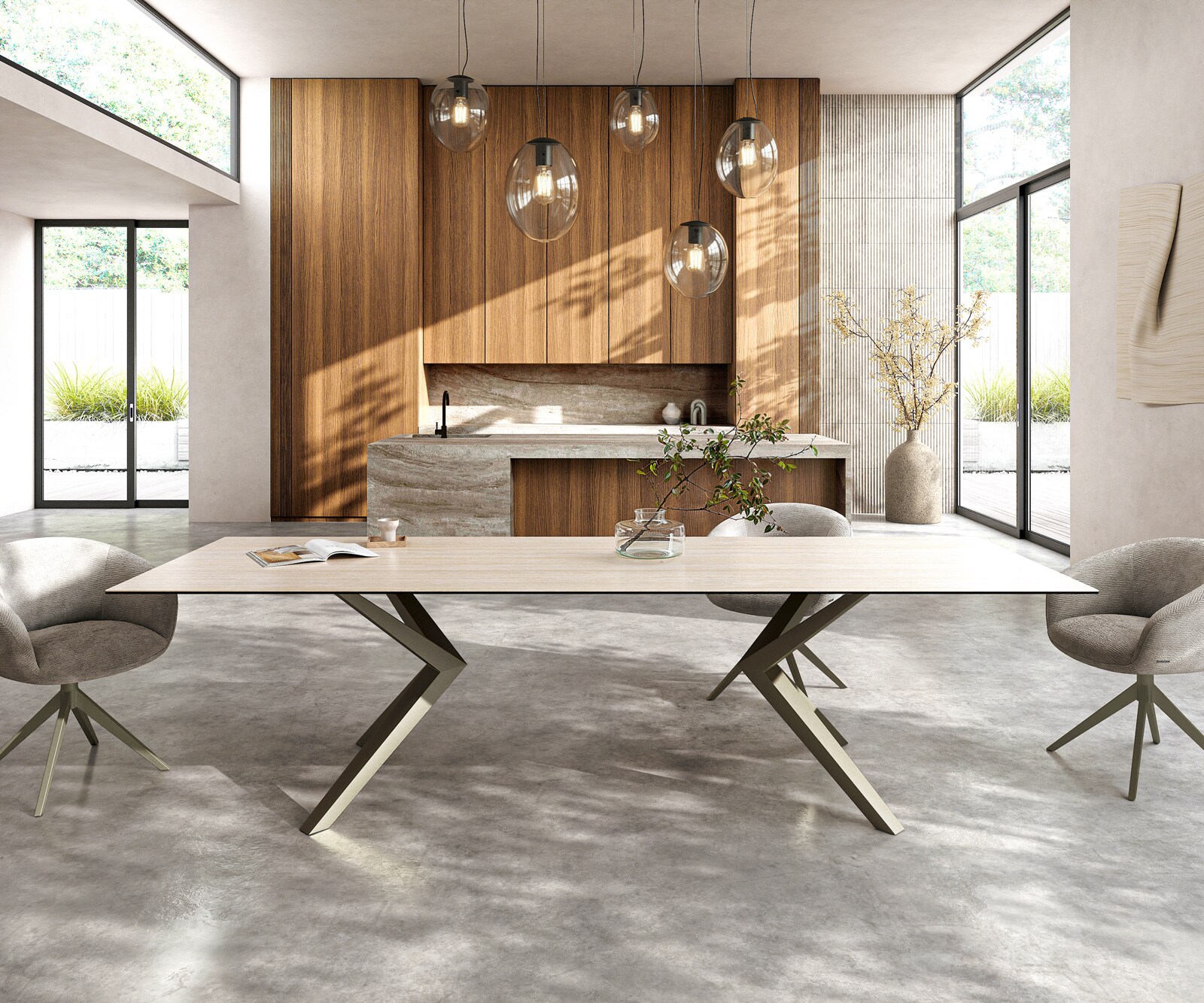 Table à manger Edge 300x100 céramique Laminam® Travertino Bianco crème-blanc Zenthara Angulaire métal effet finition titanee 1