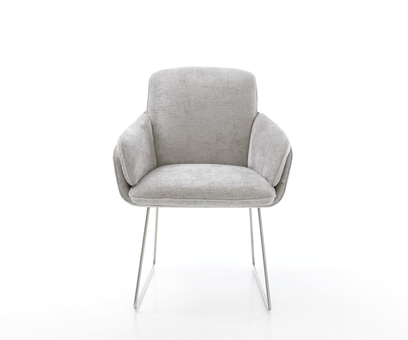 Chaise-de-salle-à-manger Luan-Flex avec accoudoirs chenille gris argenté pied trapèze acier inoxydable brossé 1 Chaise-de-salle-à-manger Luan-Flex avec accoudoirs chenille gris argenté pied trapèze acier inoxydable brossé 1