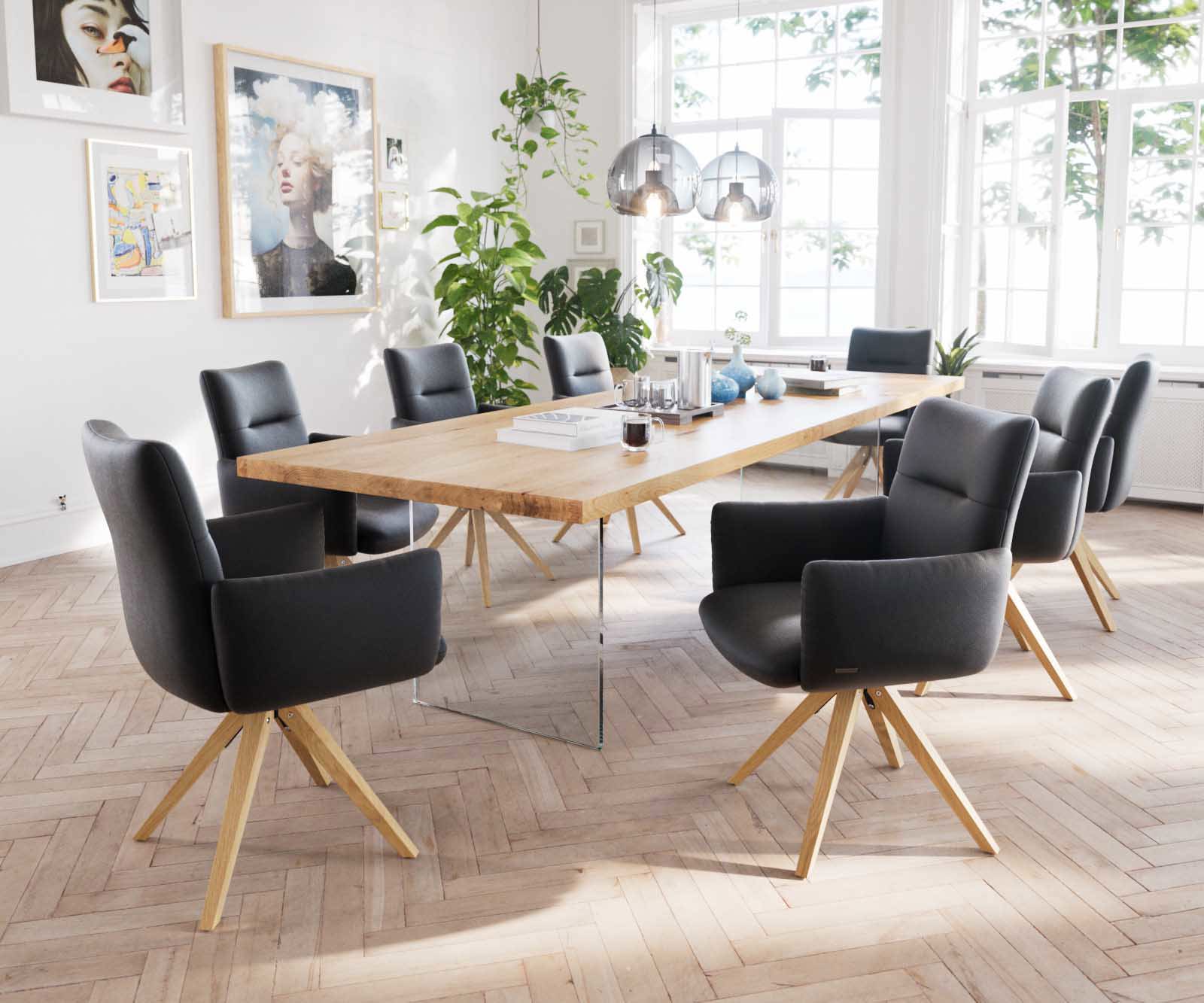 Chaise-pivotante Jova-Flex avec accoudoirs cuir de vache noir pied en bois angulaire naturel pivotement sur 180° ressorts ensachés 4 Chaise-pivotante Jova-Flex avec accoudoirs cuir de vache noir pied en bois angulaire naturel pivotement sur 180° ressorts ensachés 4