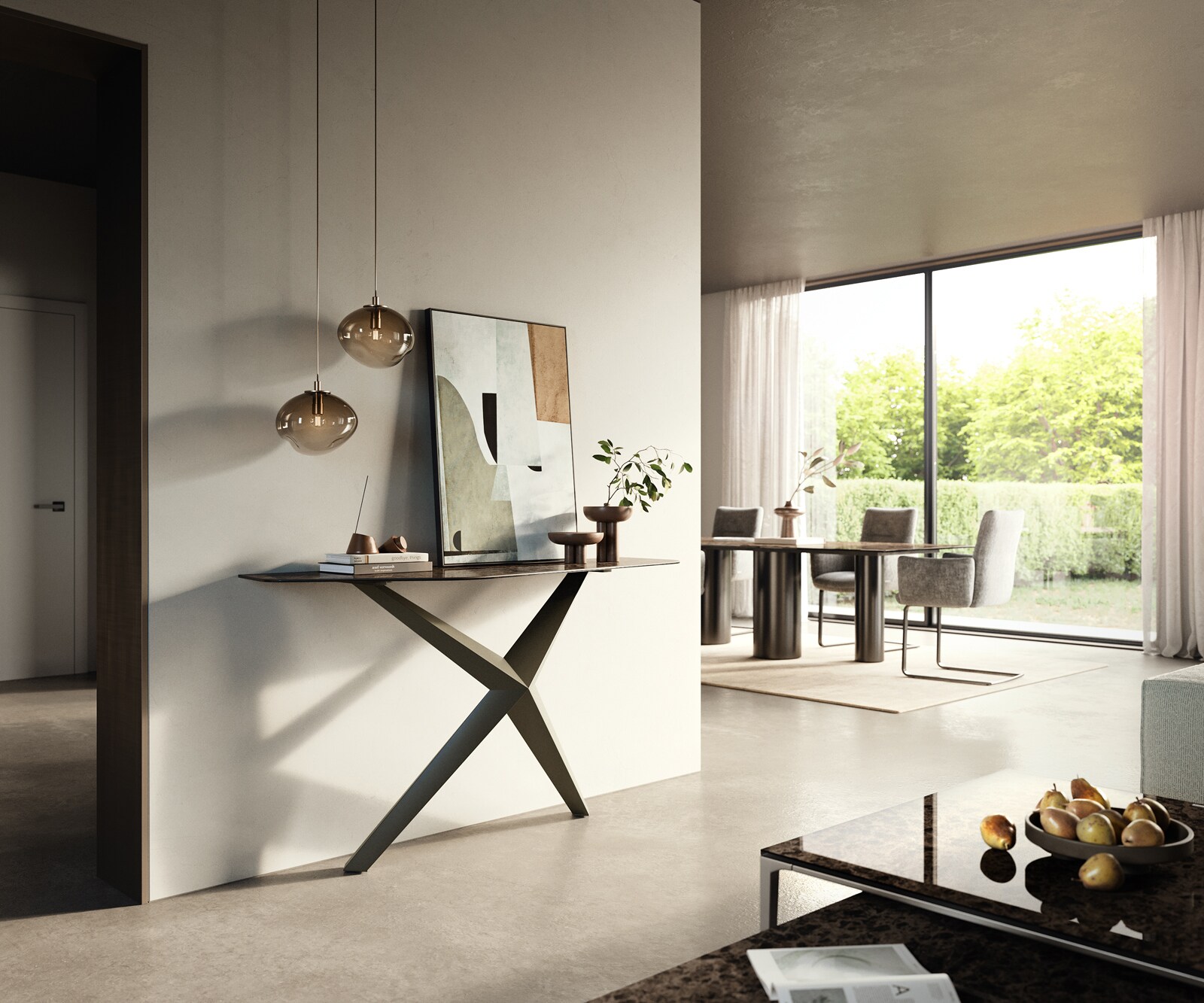 Console Edge Polygonal 140x50 cm Céramique Emperador Extra Lucidato Dunkelbraun Zentharo Métal Effektfinish Titan 6