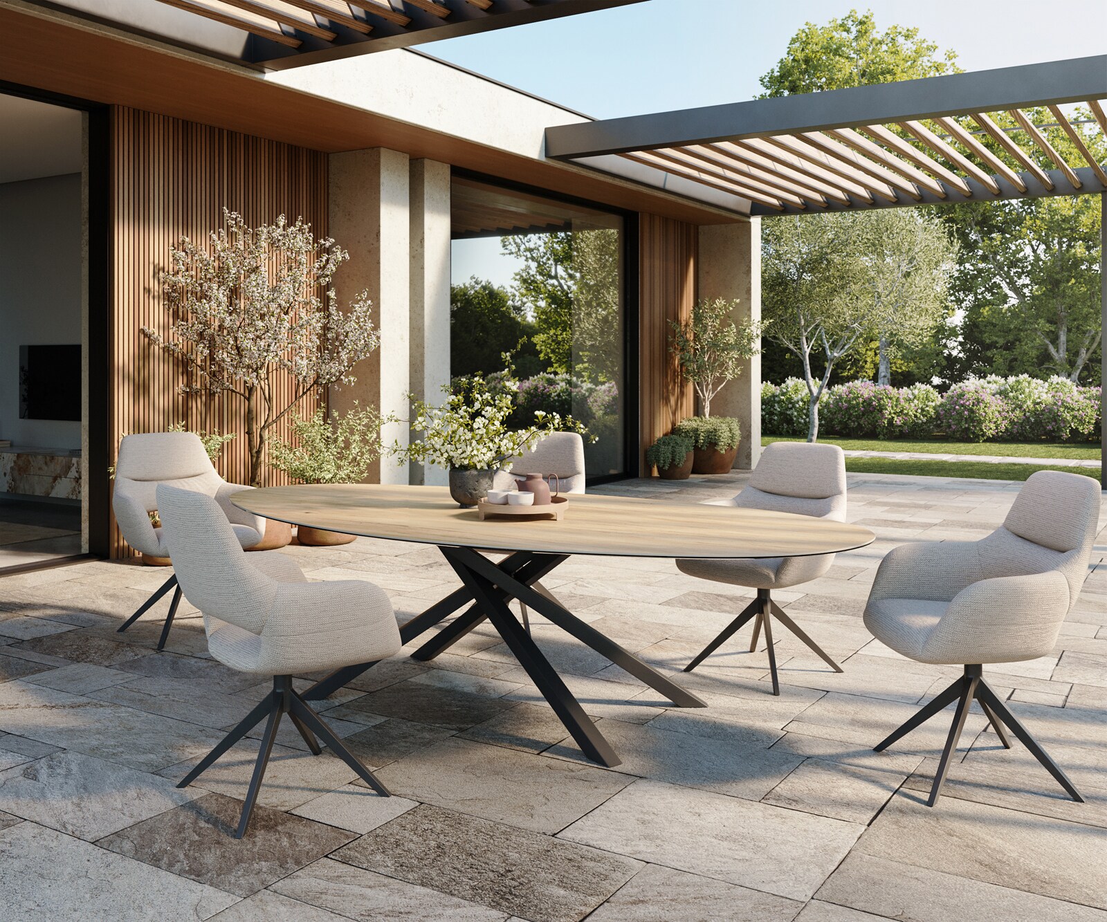 Table d’extérieur Edge Ovale 280x130 cm céramique Laminam® Sabbia couleur chêne piètement croisé rectangulaire noir 5