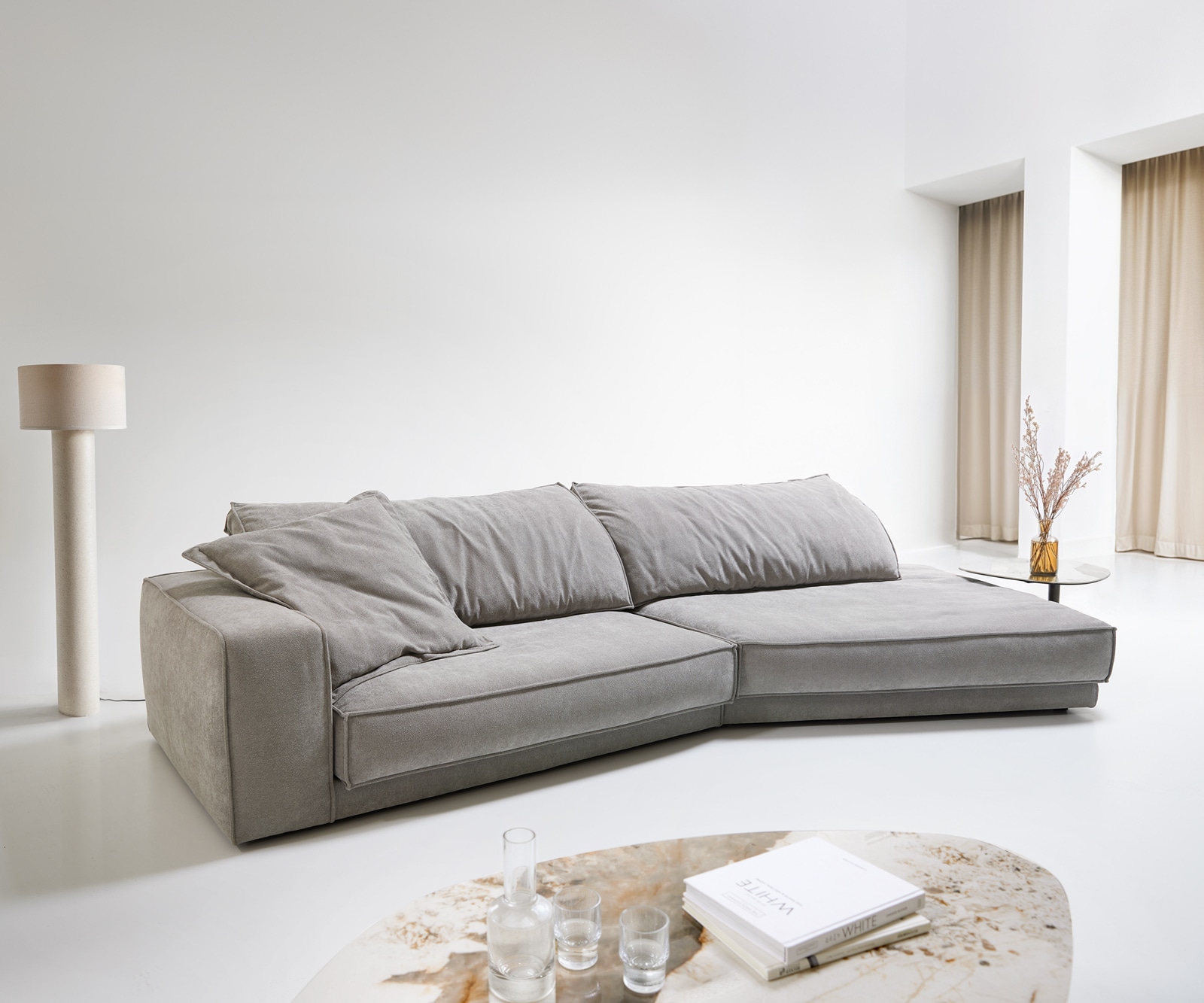Bigsofa Snoosh 400x150 cm Tissu structuré gris soft avec méridienne à droite Bigsofa Snoosh 400x150 cm Tissu structuré gris soft avec méridienne à droite