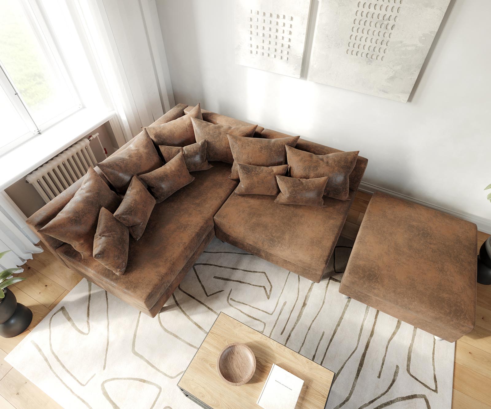 Canapé d'angle Clovis tabouret marron aspect antique ottoman gauche canapé  module 3 Canapé d'angle Clovis tabouret marron aspect antique ottoman gauche canapé  module 3