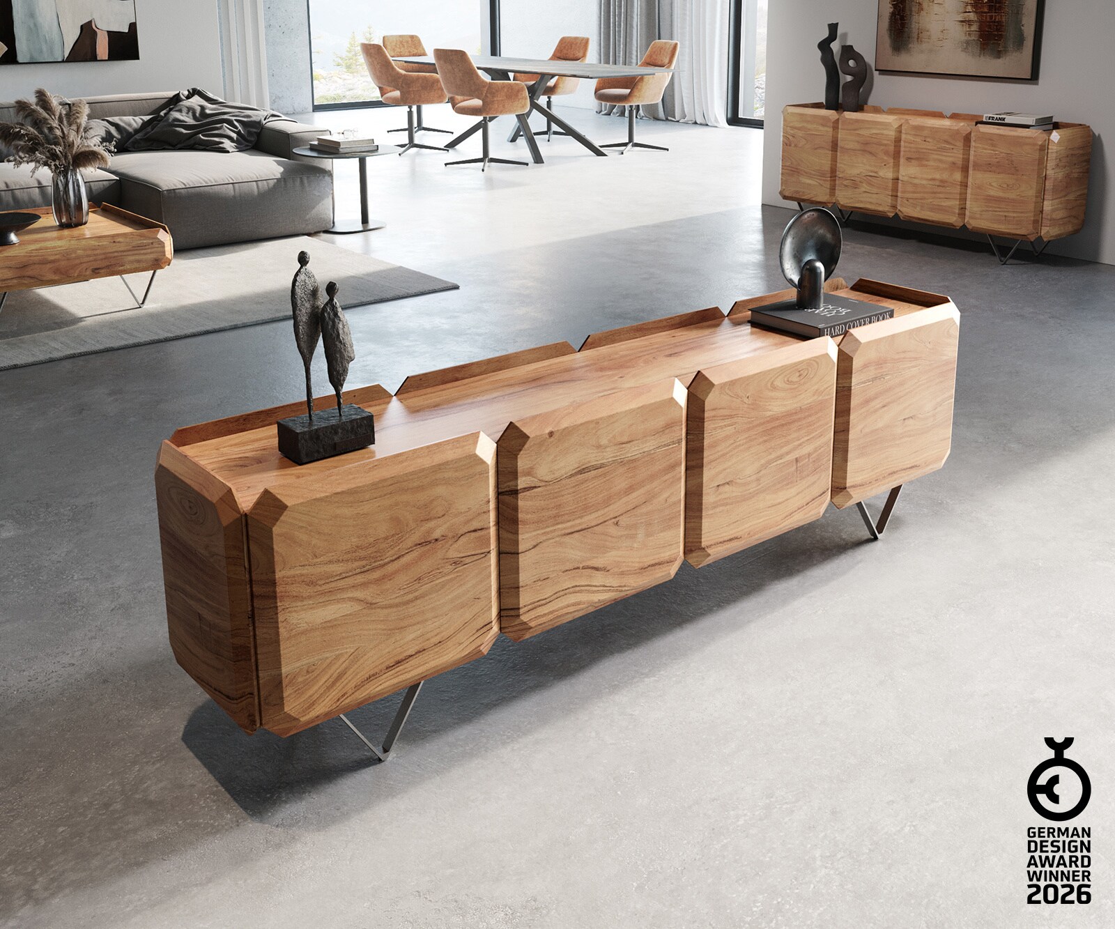 Meuble-bas Kiano 200 cm Acacia Nature 4 Portes Pied en V Acier inoxydable Séparateur de pièce