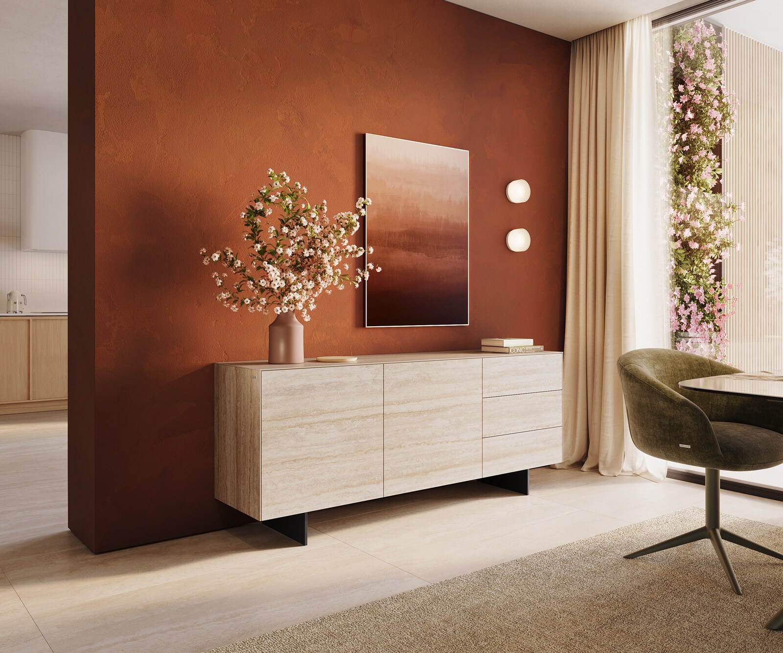 Buffet Cuor 180 cm Céramique Laminam® Travertino Bianco Crème-blanc 2 Portes 3 Tiroirs Pied optique flottant Métal Noir