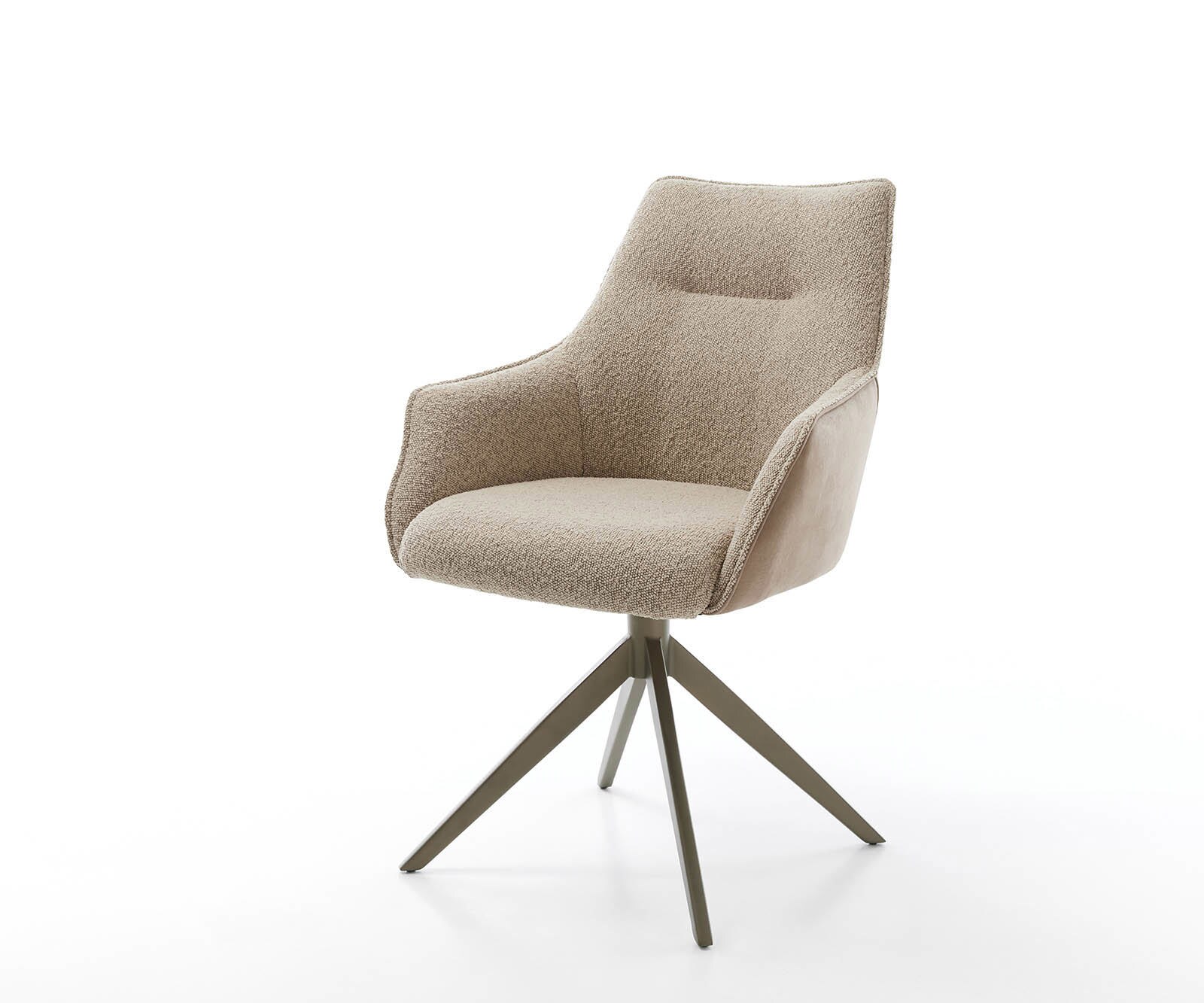 Chaise-pivotante Alja-Flex avec accoudoirs tissu mixte couleur boue pied croisé large aspect titane pivotement sur 360° ressorts ensachés