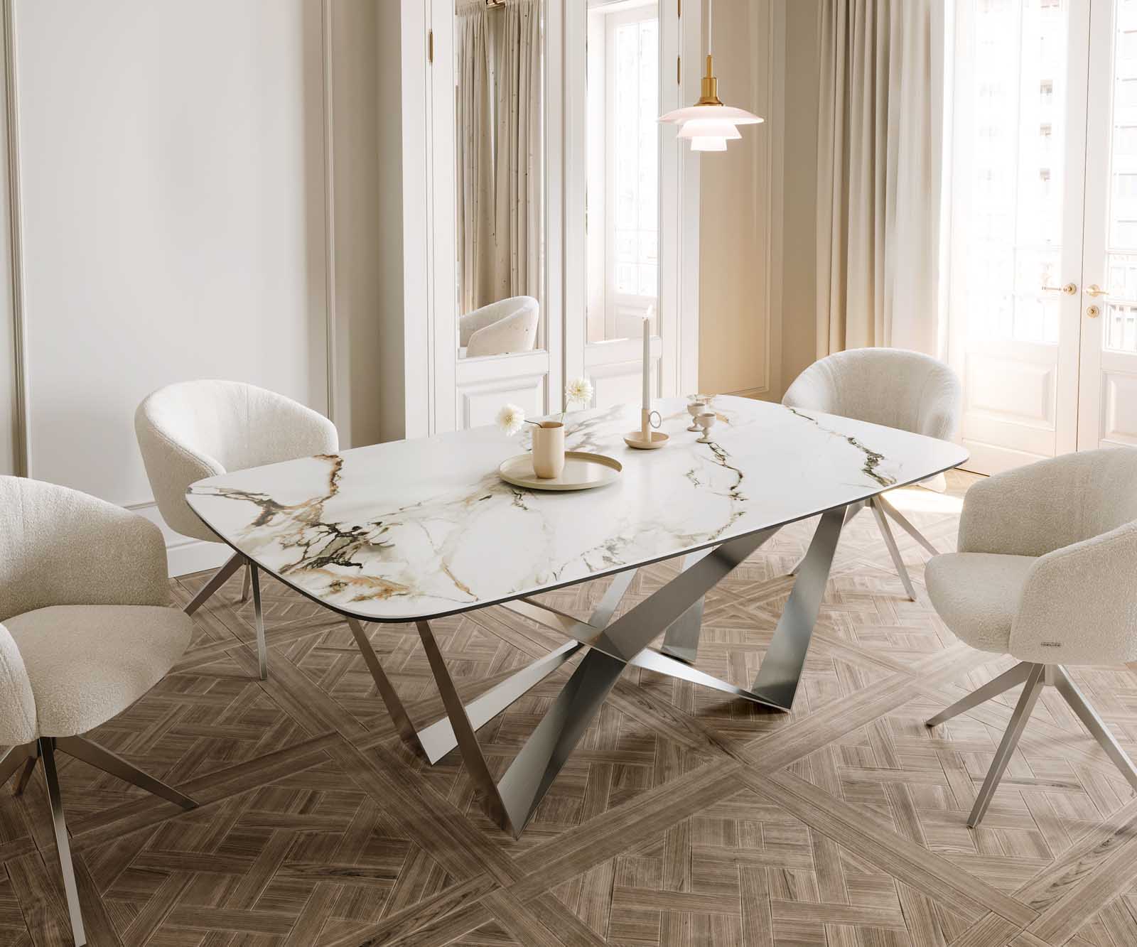 Table à manger Edge en forme de bateau 200x100 céramique Calacatta Luxe blanc-doré-gris Spider acier plat acier inoxydable Table à manger Edge en forme de bateau 200x100 céramique Calacatta Luxe blanc-doré-gris Spider acier plat acier inoxydable