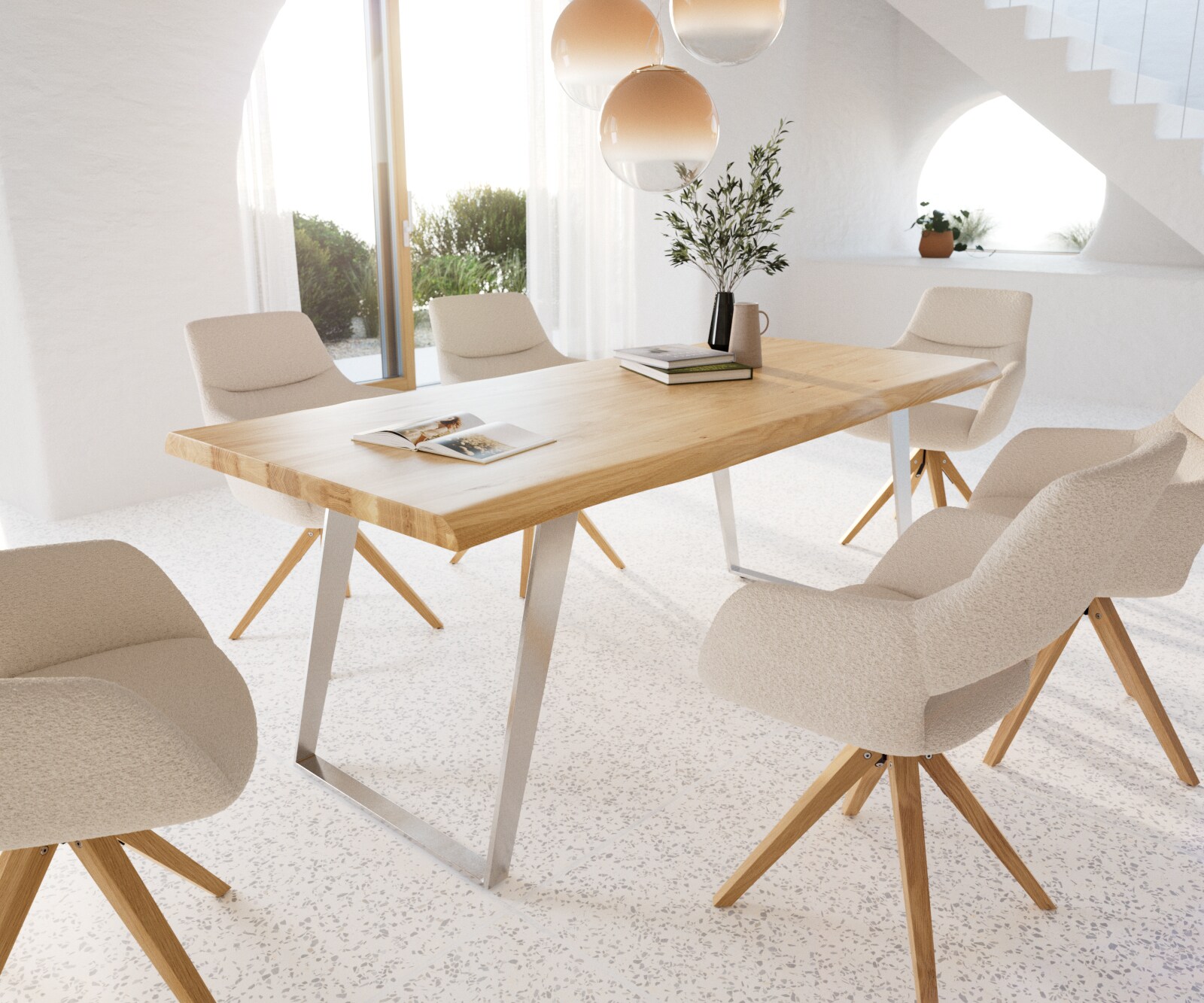 Table à manger Edge 200x100 chêne nature acier inoxydable inclinée Live-Edge 6 Table à manger Edge 200x100 chêne nature acier inoxydable inclinée Live-Edge 6