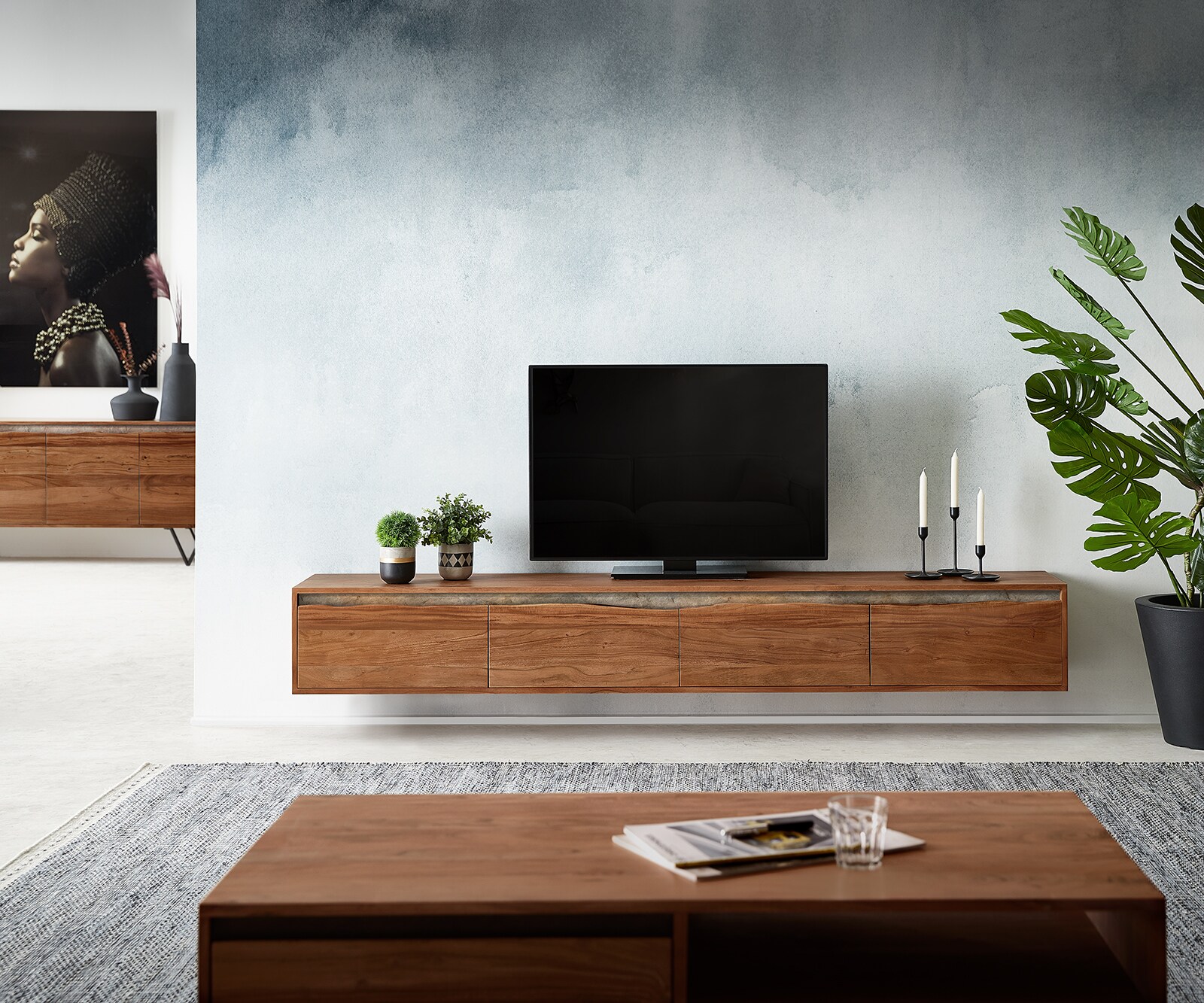 Meuble-TV Stonegrace 220 cm acacia marron bord d'arbre 4 portes suspendues 1