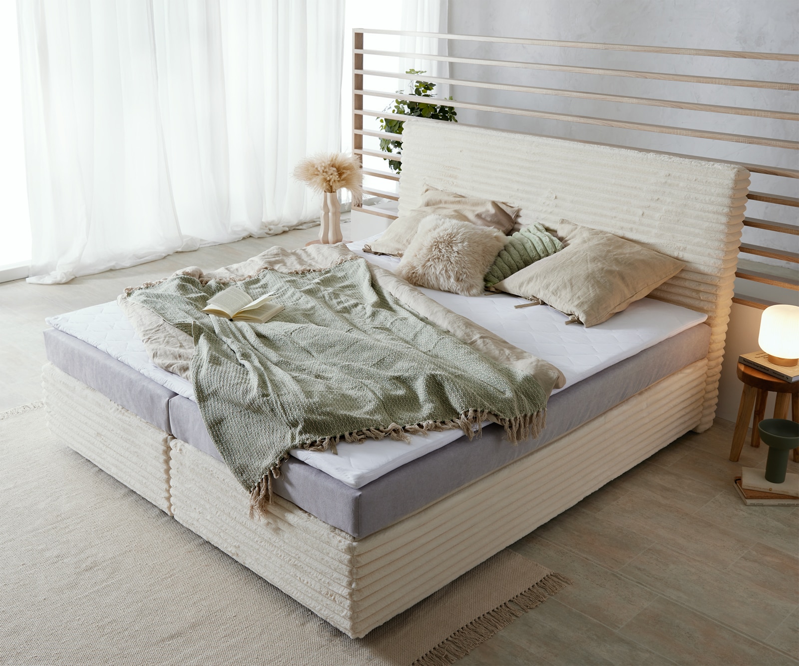 Lit Boxspring Dream-Well Velours Côtelé Beige 180x200 cm Matelas Bonell Topper en Mousse PU 3 Lit Boxspring Dream-Well Velours Côtelé Beige 180x200 cm Matelas Bonell Topper en Mousse PU 3