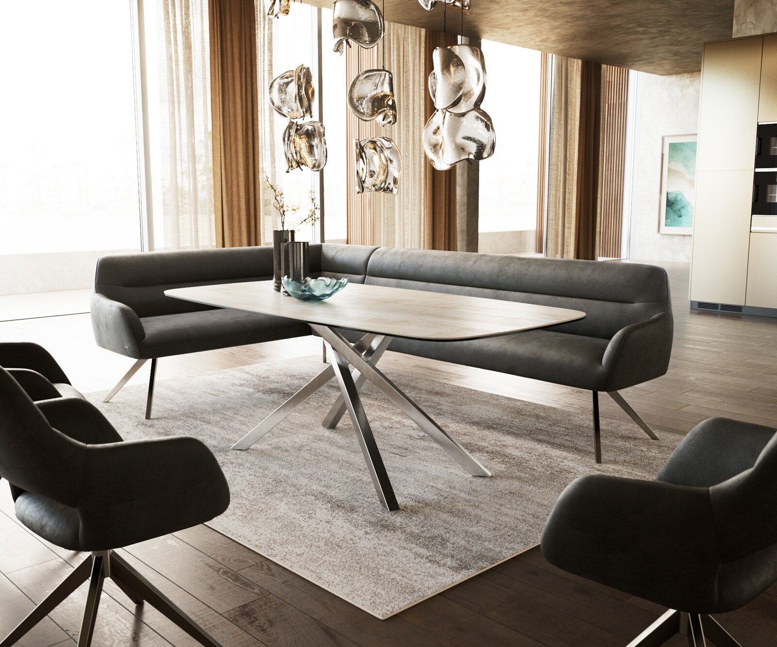 Banc-de-salle-à-manger Taya-Flex 285x190 cm microfibre antracite vintage pied croisé angulaire acier inoxydable ressort ensaché à droite 1