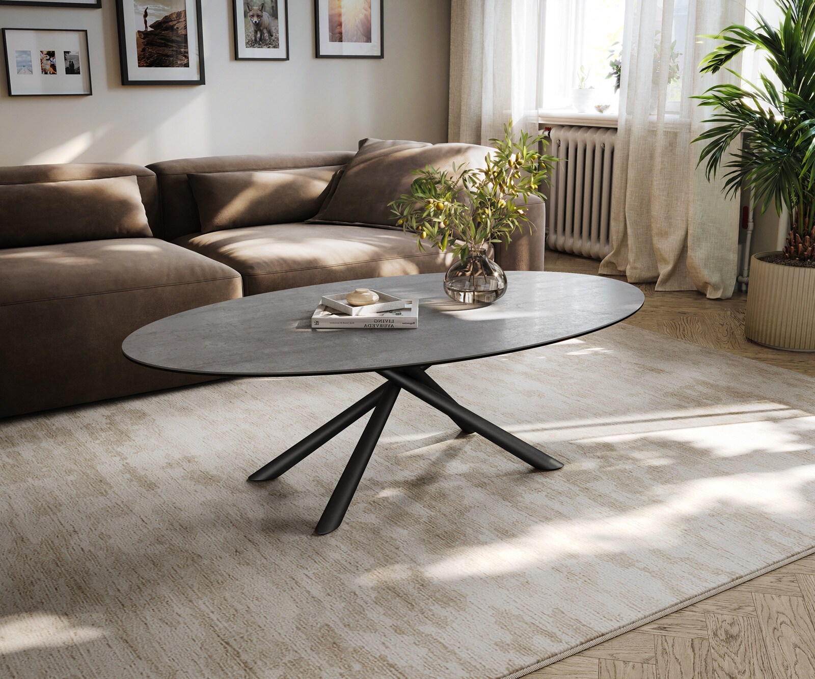 Table basse Edge ovale 140x80 cm céramique béton gris Sarity métal noir 1