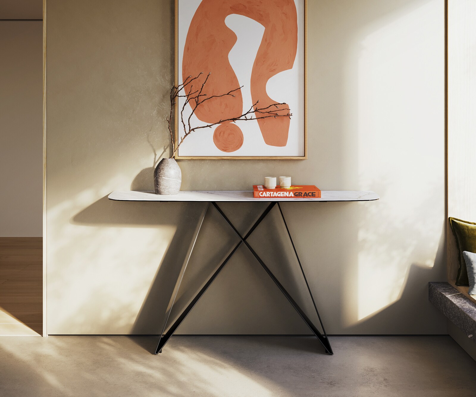 Console Edge forme bateau 140x40 cm Céramique Laminam® Statuarietto Weiß Velio Métal Noir 1