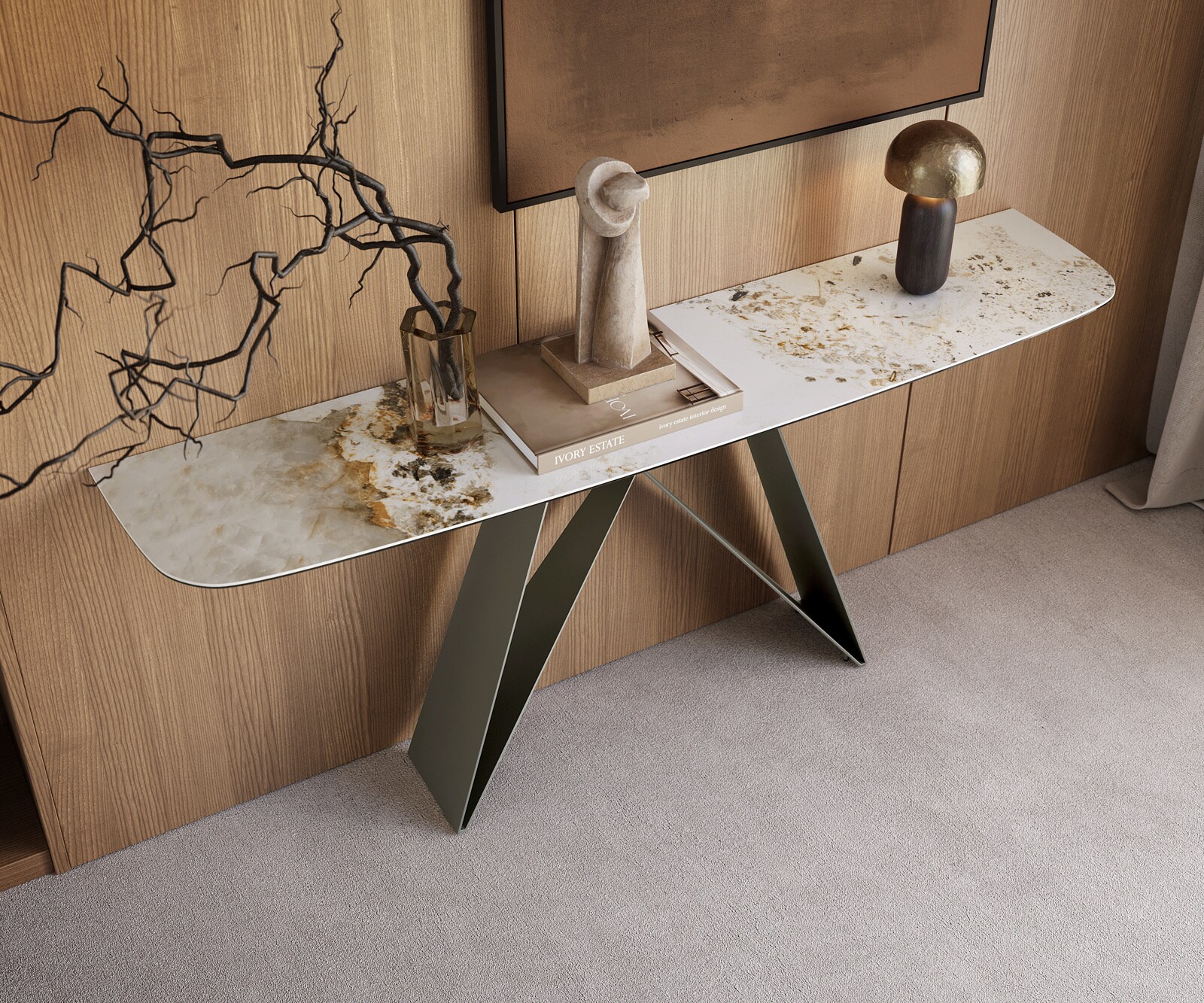 Console Edge forme bateau 180x40 cm Céramique Minas Melange Weiß-Beige Velio Métal Effektfinish Titan 2