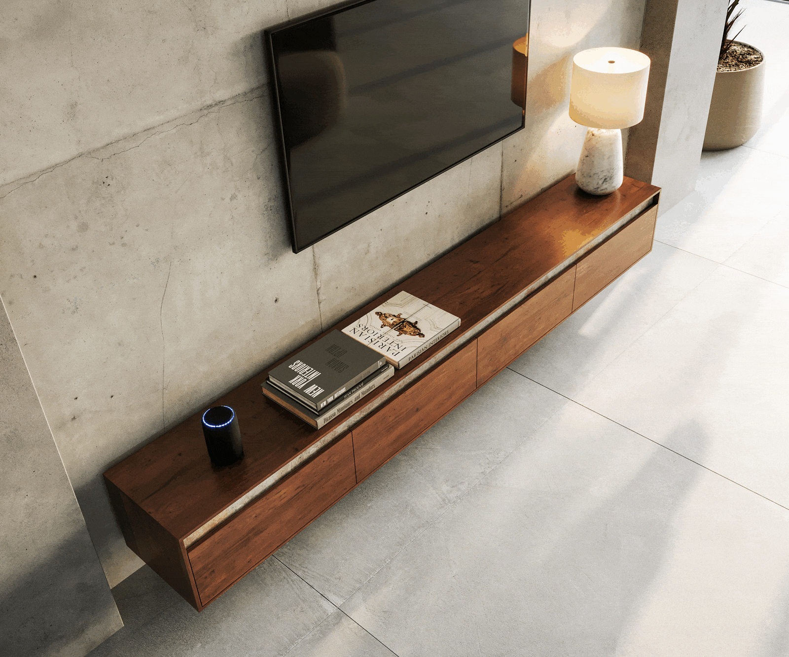 Meuble-TVStonegrace 240 cm acacia marron ardoise 4 portes coulissantes 3