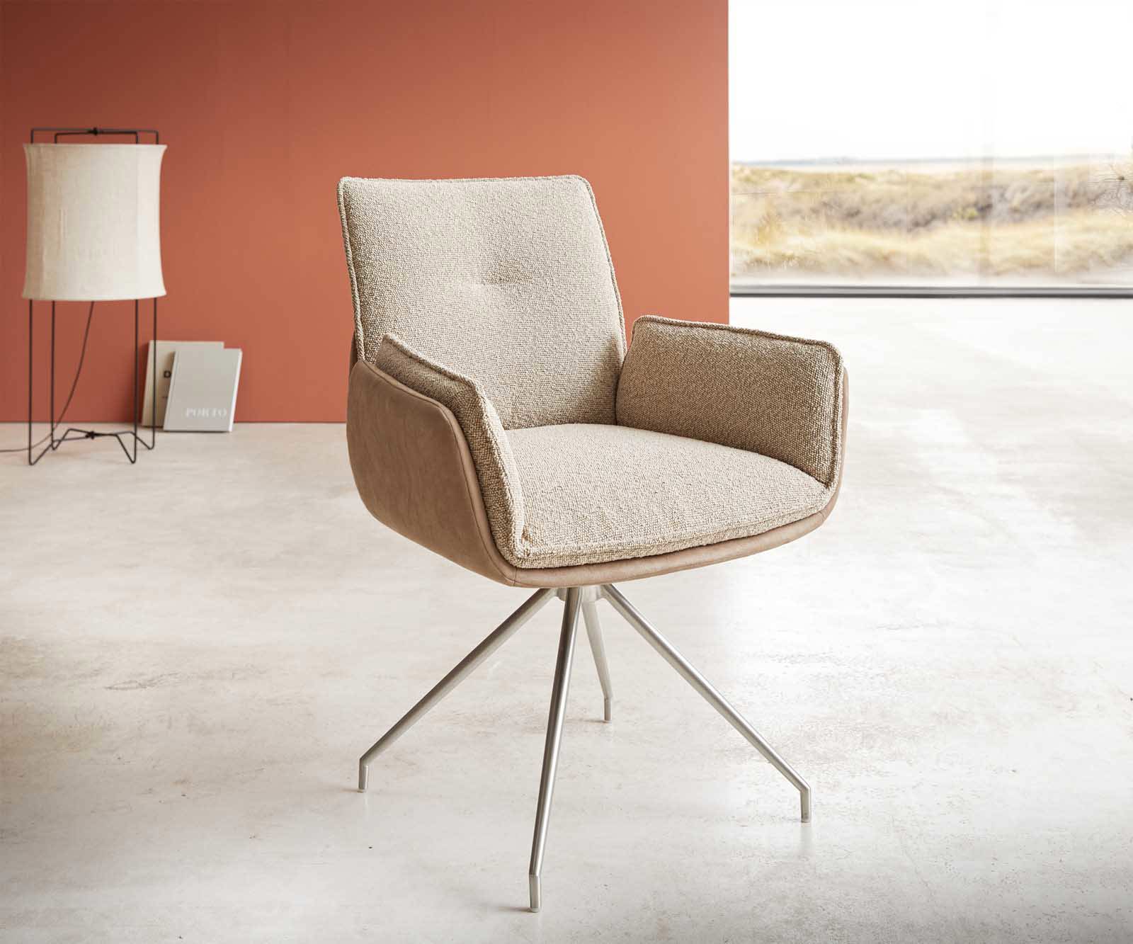 Chaise-pivotante Nela-Flex tissu mixte couleur boue pied croisé conique acier inoxydable brossé pivotement sur 180°