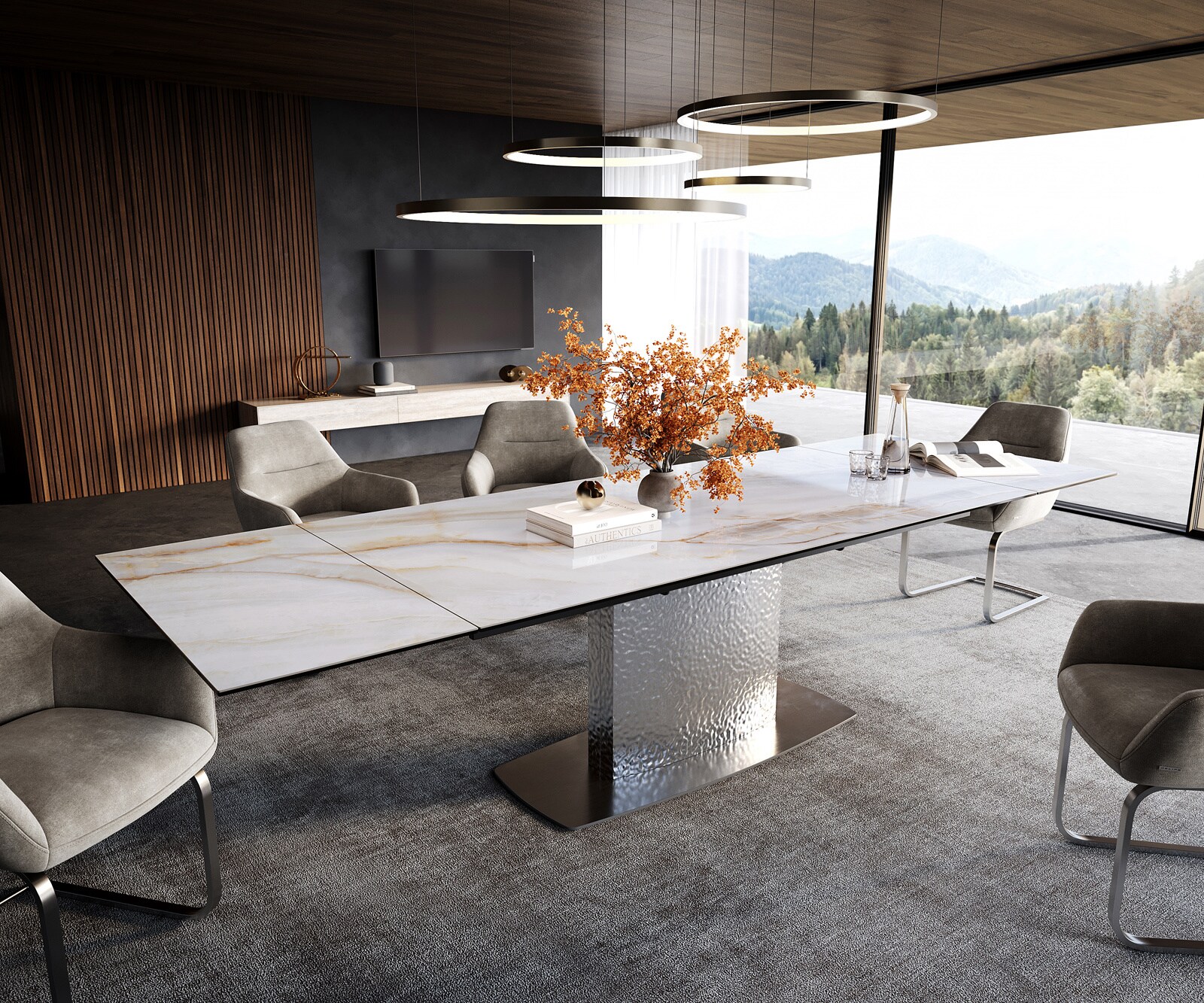 Table à manger extensible Edge 200-300x100 cm céramique Onyx Pearl Wave inox 1