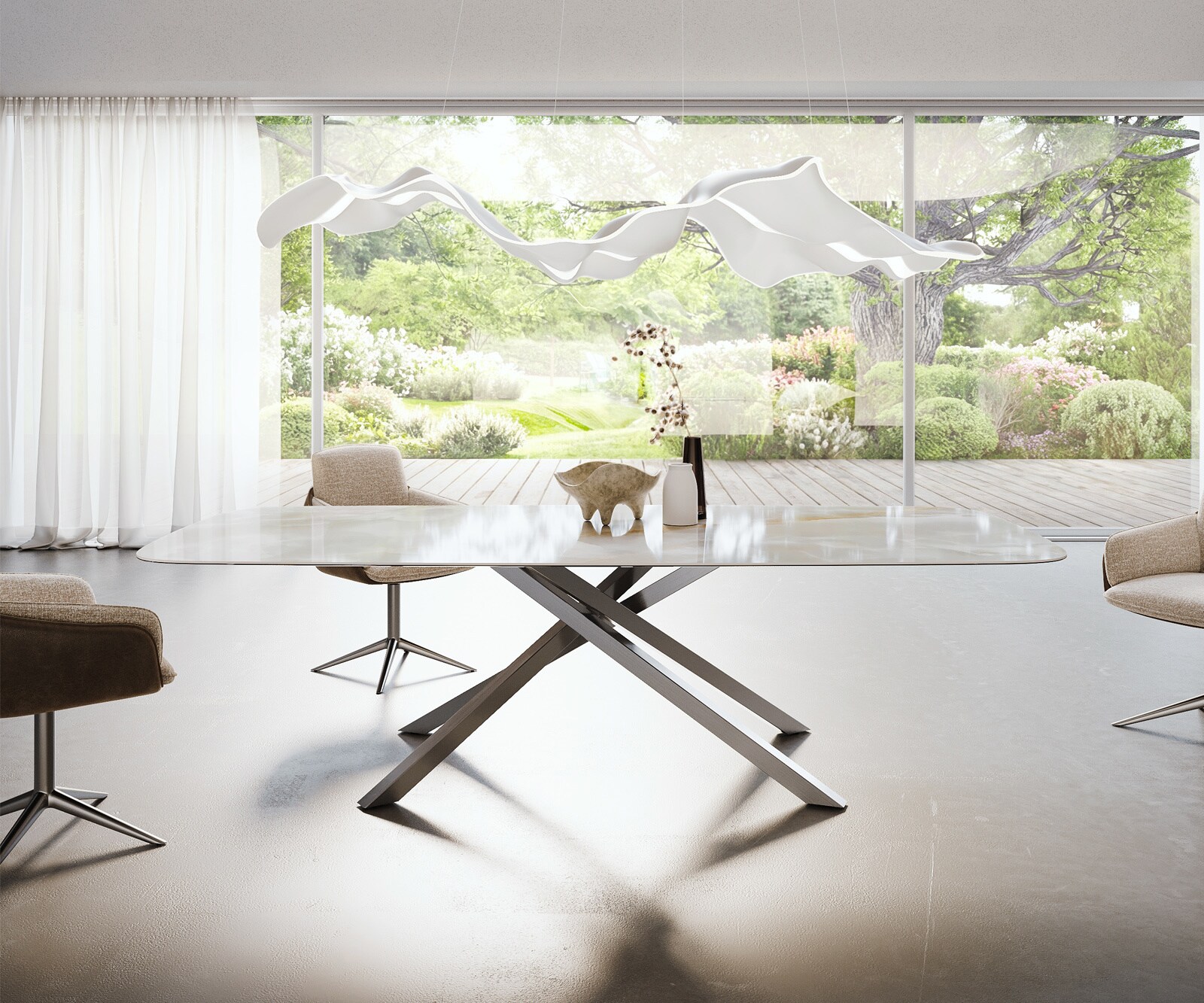 Table à manger Edge Boot 270x120 cm Céramique Iris FMG Onice Grigio piètement en croix Rectangle Acier inoxydable 2