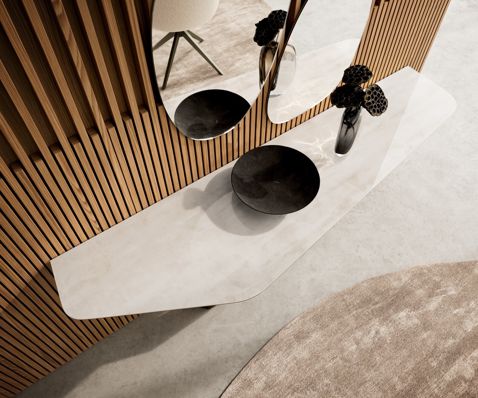 Console Edge Polygonal 180x50 cm Céramique Onyx Champagne Zentharo Métal Effektfinish Titan 2