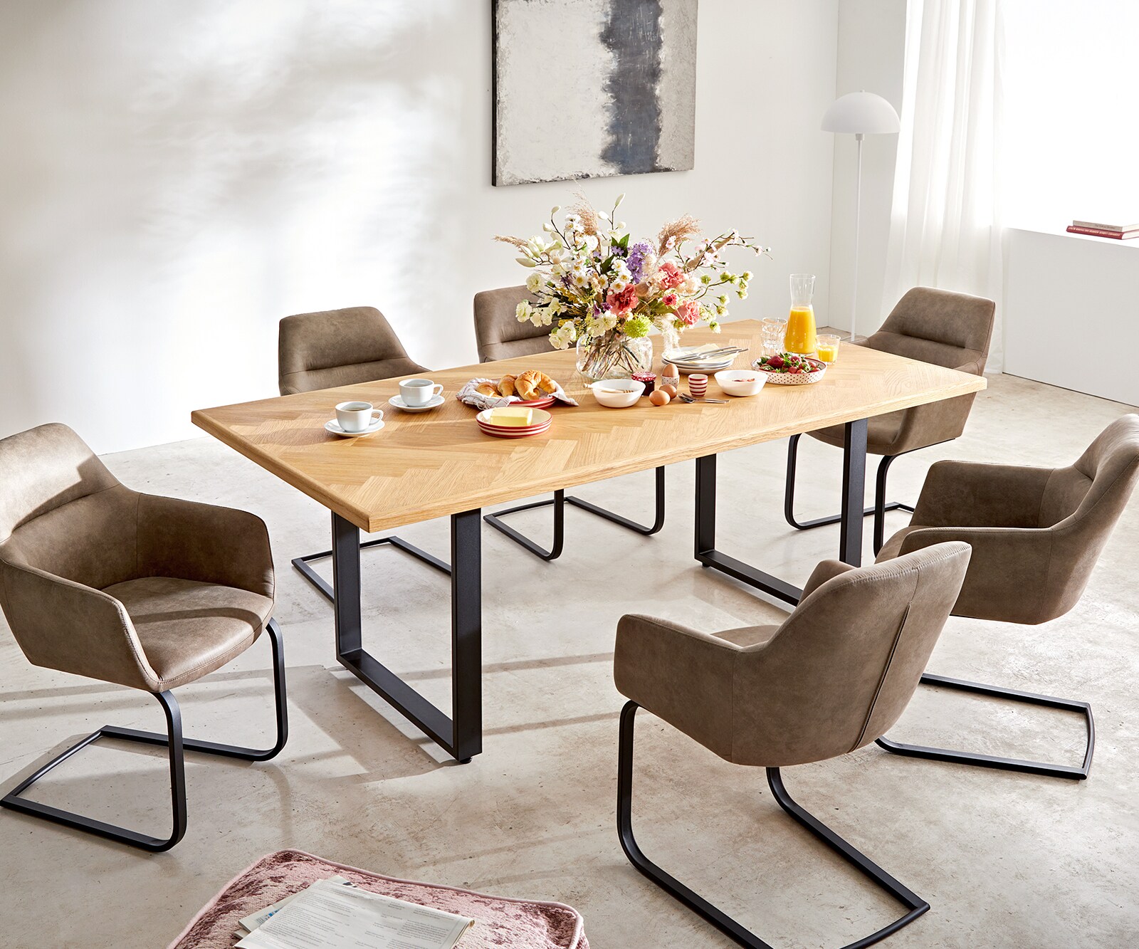 Table à manger Edge-pure 200x100 chêne nature Fishbone patin noir 8