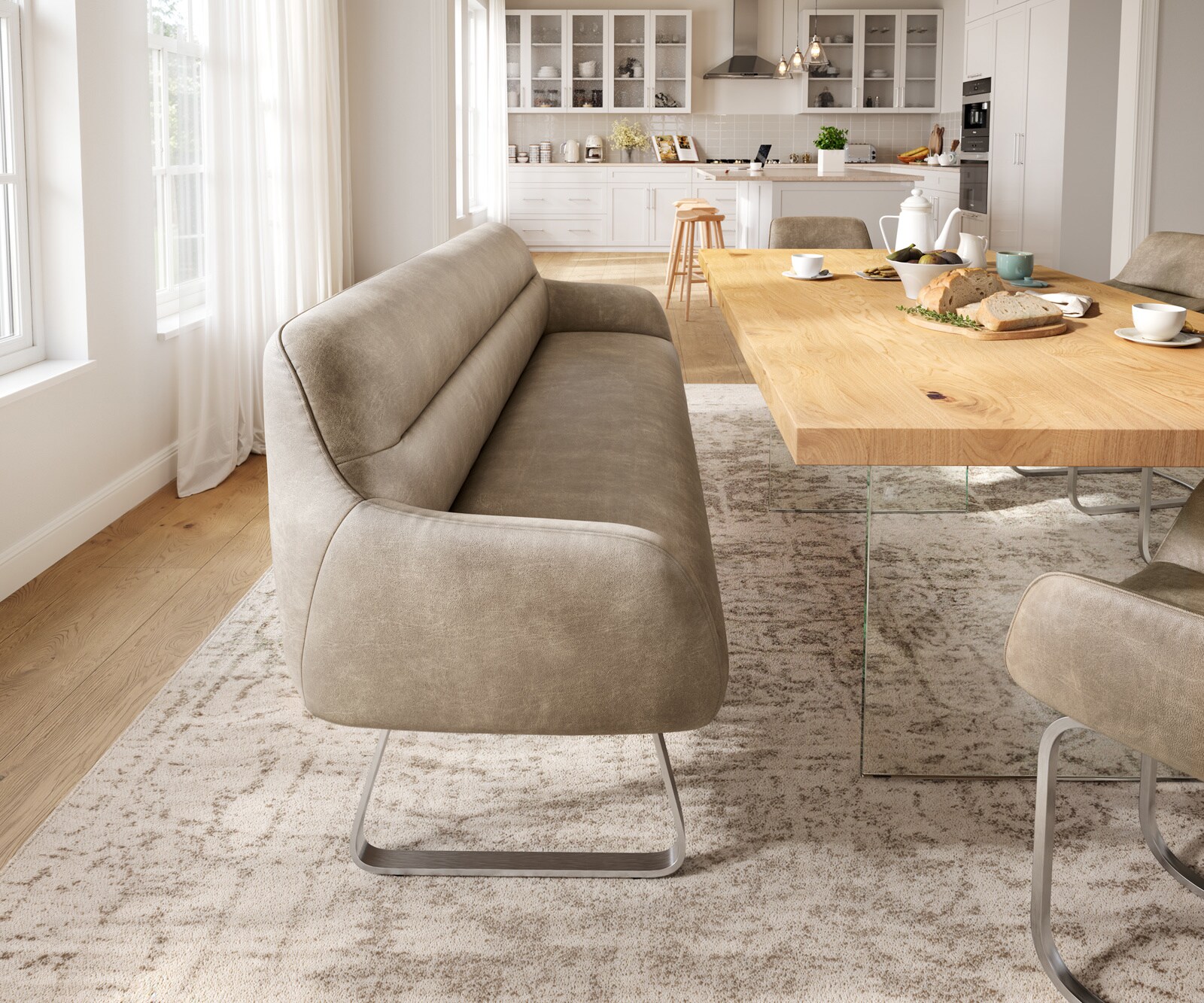 Banc-de-salle-à-manger Taya-Flex 200 cm microfibre beige vintage châssis à patins plat acier inoxydable ressort ensaché 1