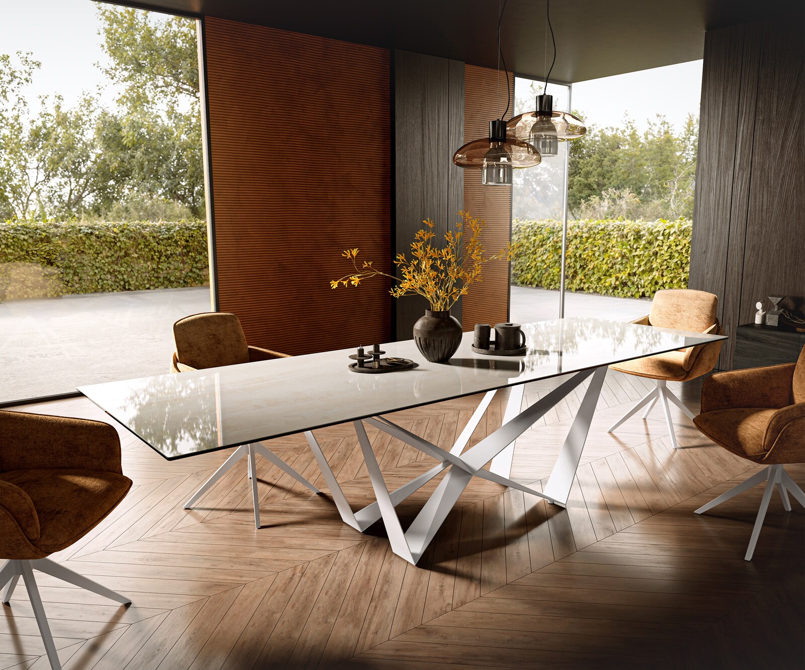 Table à manger Edge 300x100 cm céramique Onyx Champagne Spider métal blanc 1