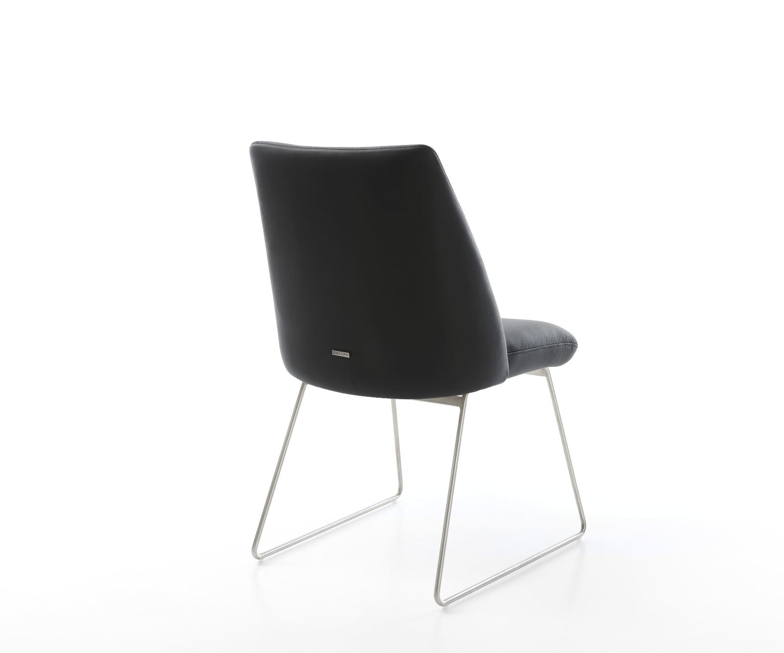 Chaise-de-salle-à-manger Elso-Flex cuir de vache noir pied trapèze acier inoxydable brossé ressorts ensachés 5