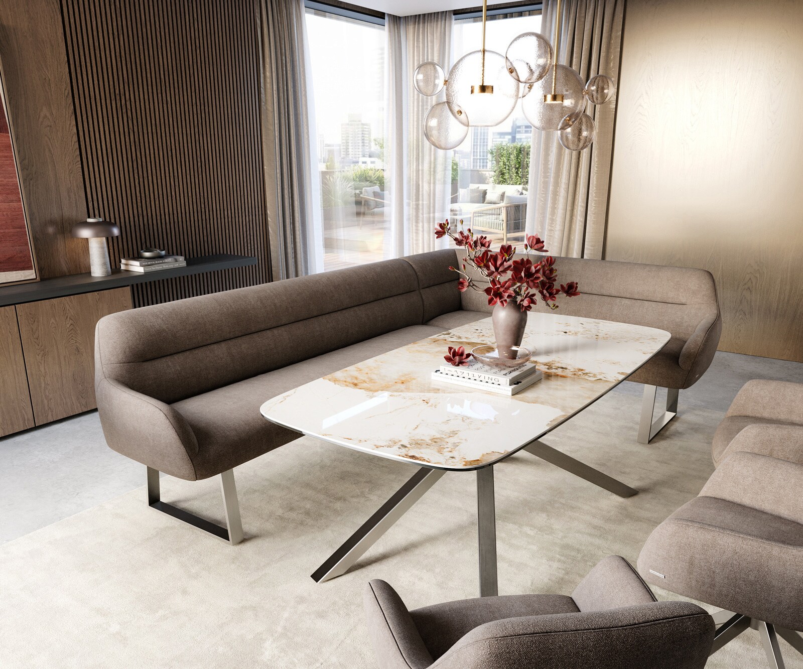 Banc-de-salle-à-manger Taya-Flex 285x190 cm tissu structuré doux taupe piètement à patins angulaire acier inoxydable ressort ensaché liens 1