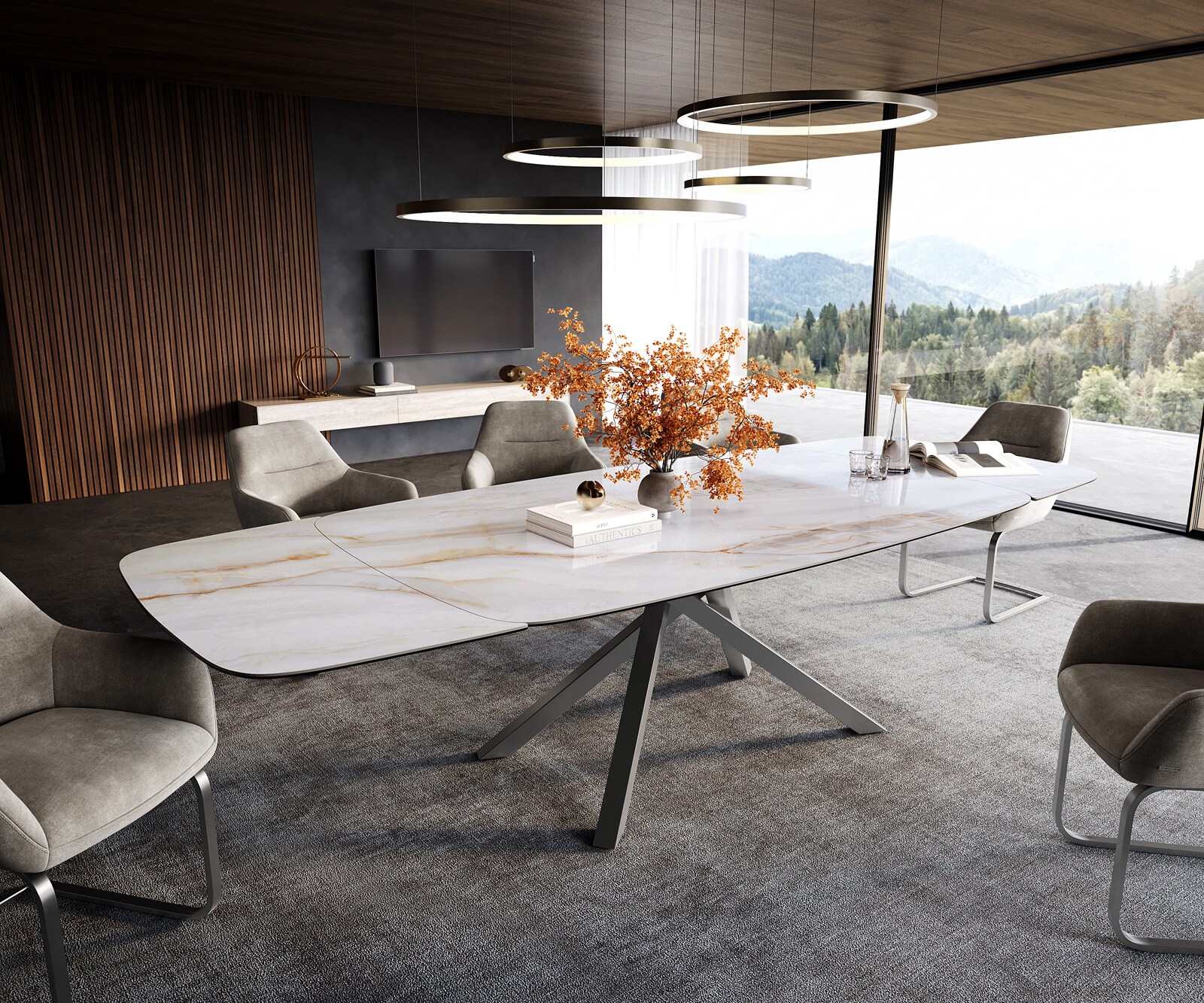 Table à manger Edge Boot 200-300x120 cm Céramique Onyx Pearl piètement en croix Rectangle Acier inoxydable extensible 1