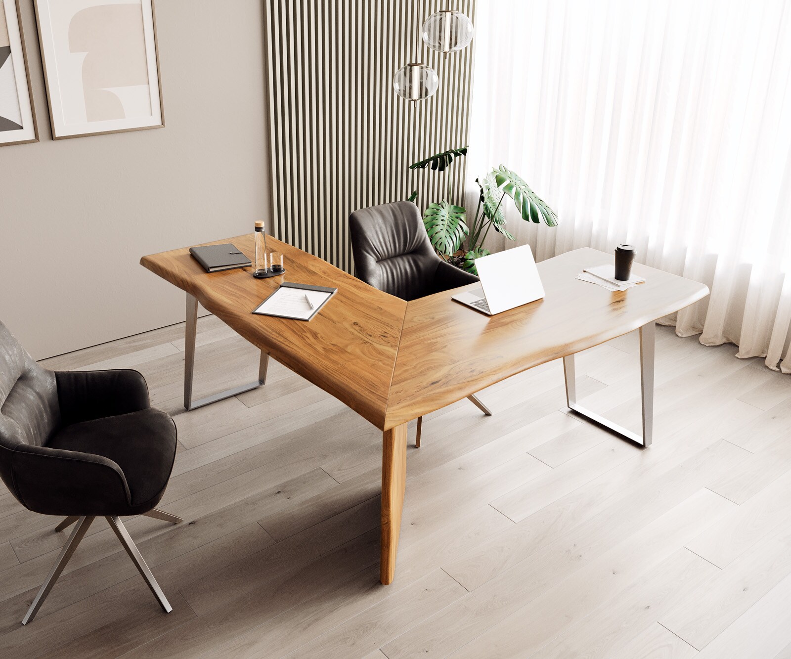 Bureau Live-Edge 170x170 acacia nature cadre gris tronc d'arbre 4