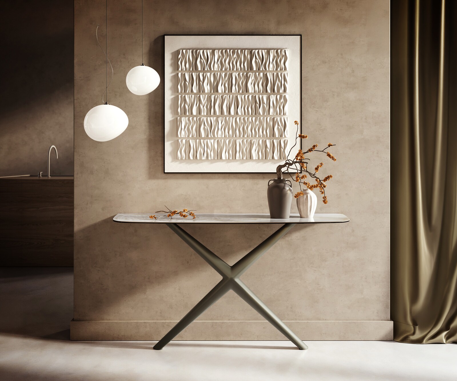 Console Edge forme bateau 140x40 cm Céramique Onyx Pearl Estelo Métal Effektfinish Titan 1