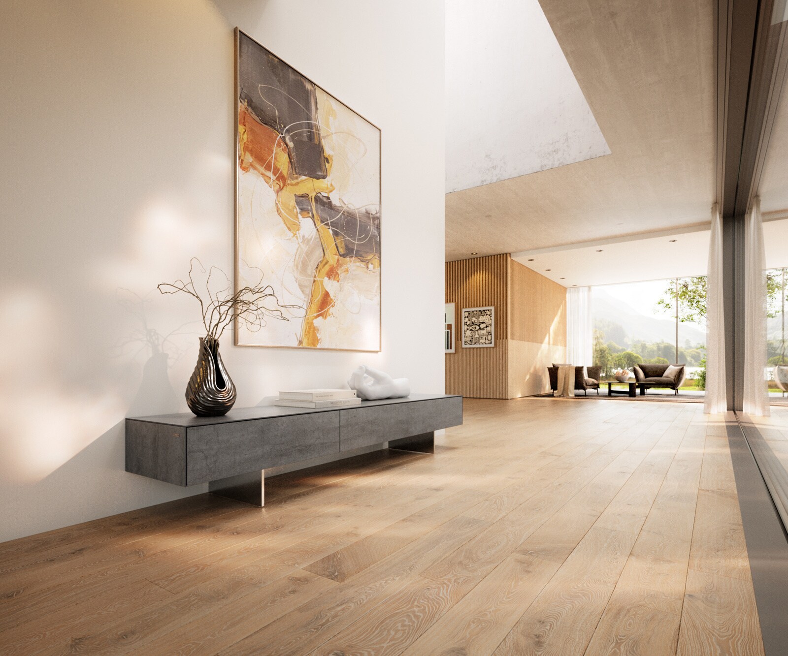 Meuble-TV Cuor 200 cm Céramique Béton gris 1 Clapet 1 Tiroir Pied optique flottant Ancier inoxydable